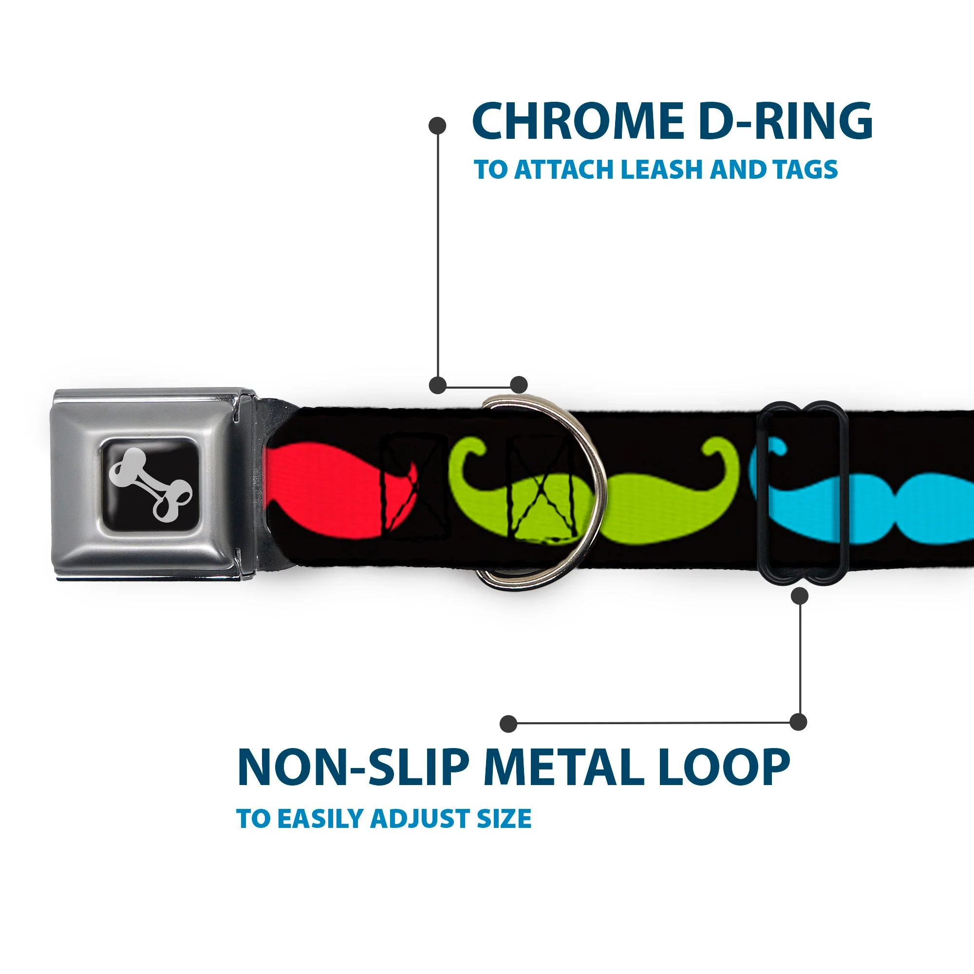 Dog Bone Seatbelt Buckle Collar - Mustaches-4 Black/Multi Color - Image 5