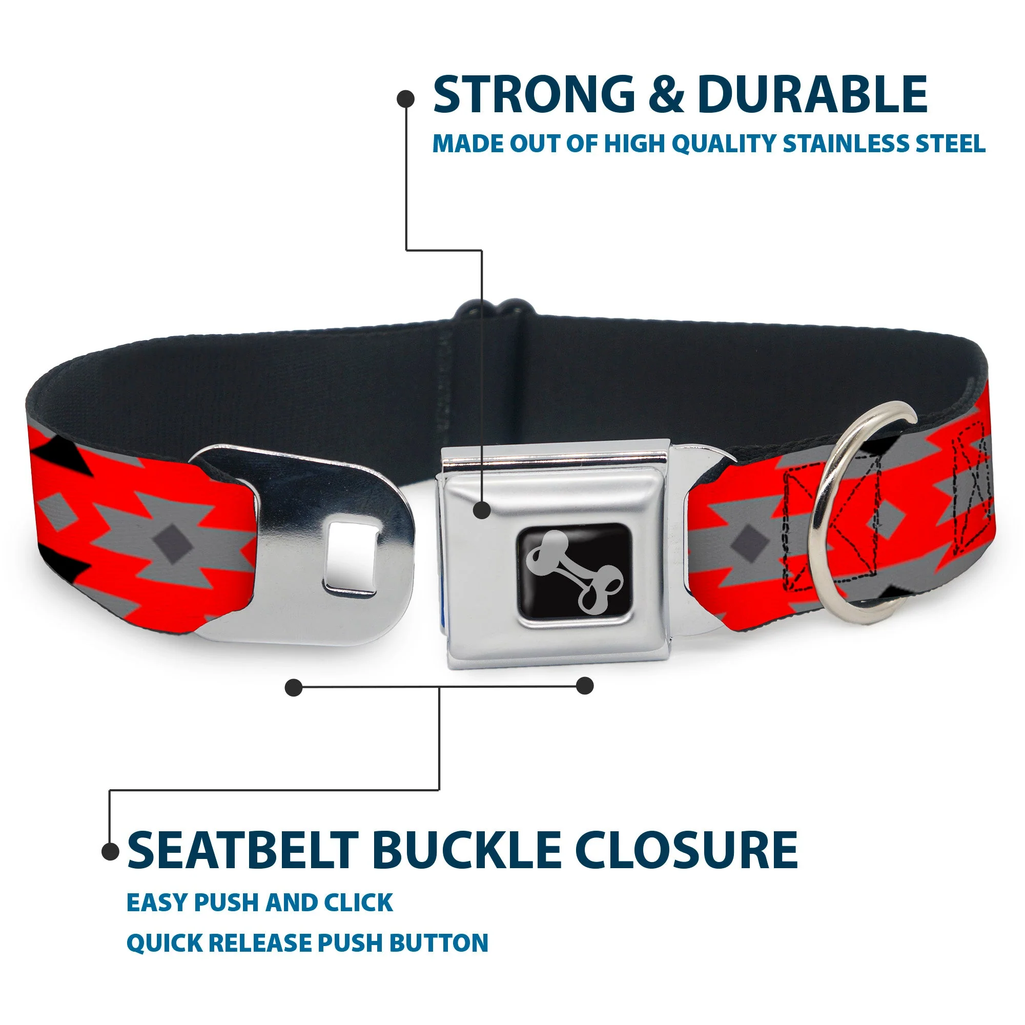 Dog Bone Seatbelt Buckle Collar - Navajo Gray/Red/Gray/Black - Image 4