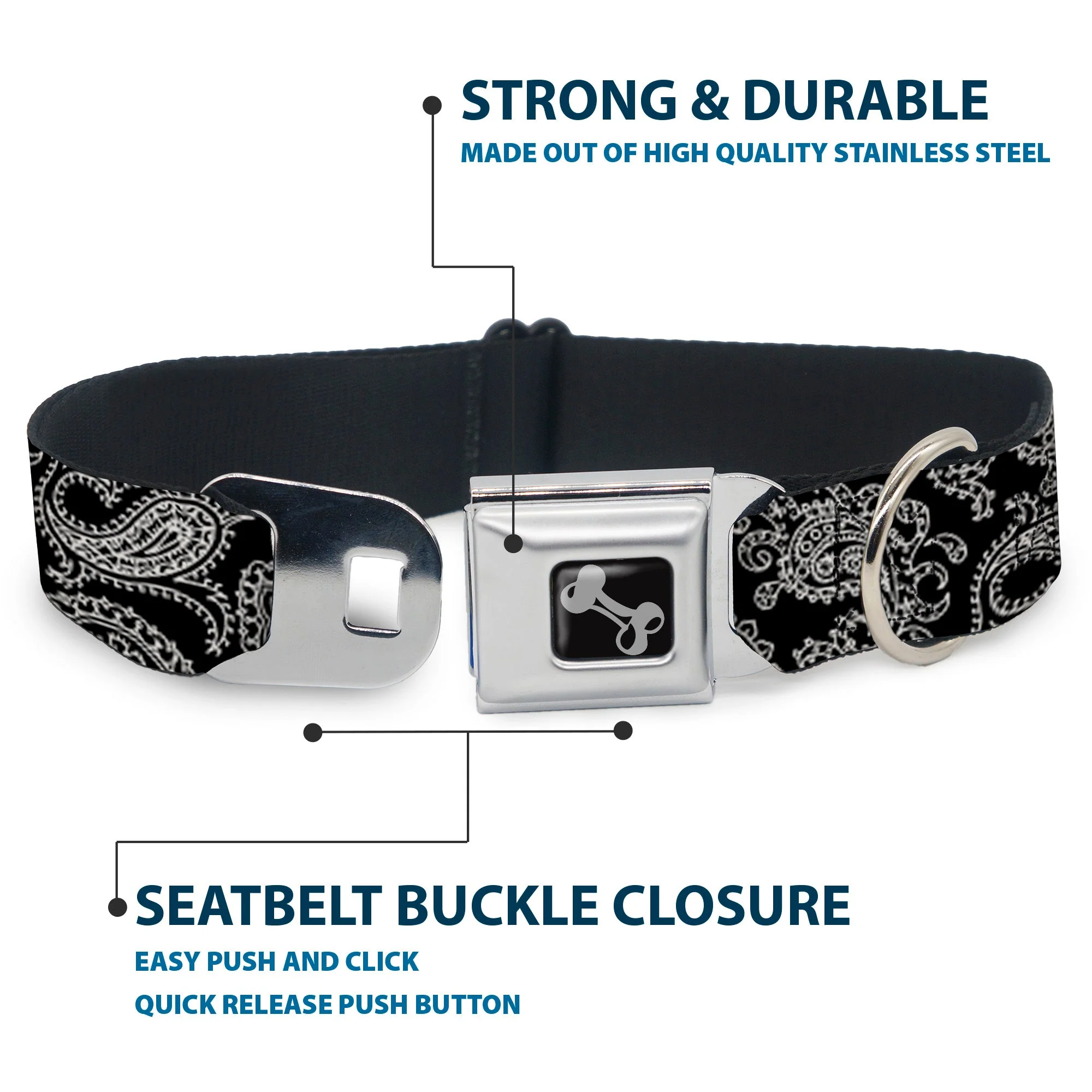 Dog Bone Seatbelt Buckle Collar - Paisley2 Black/White - Image 4