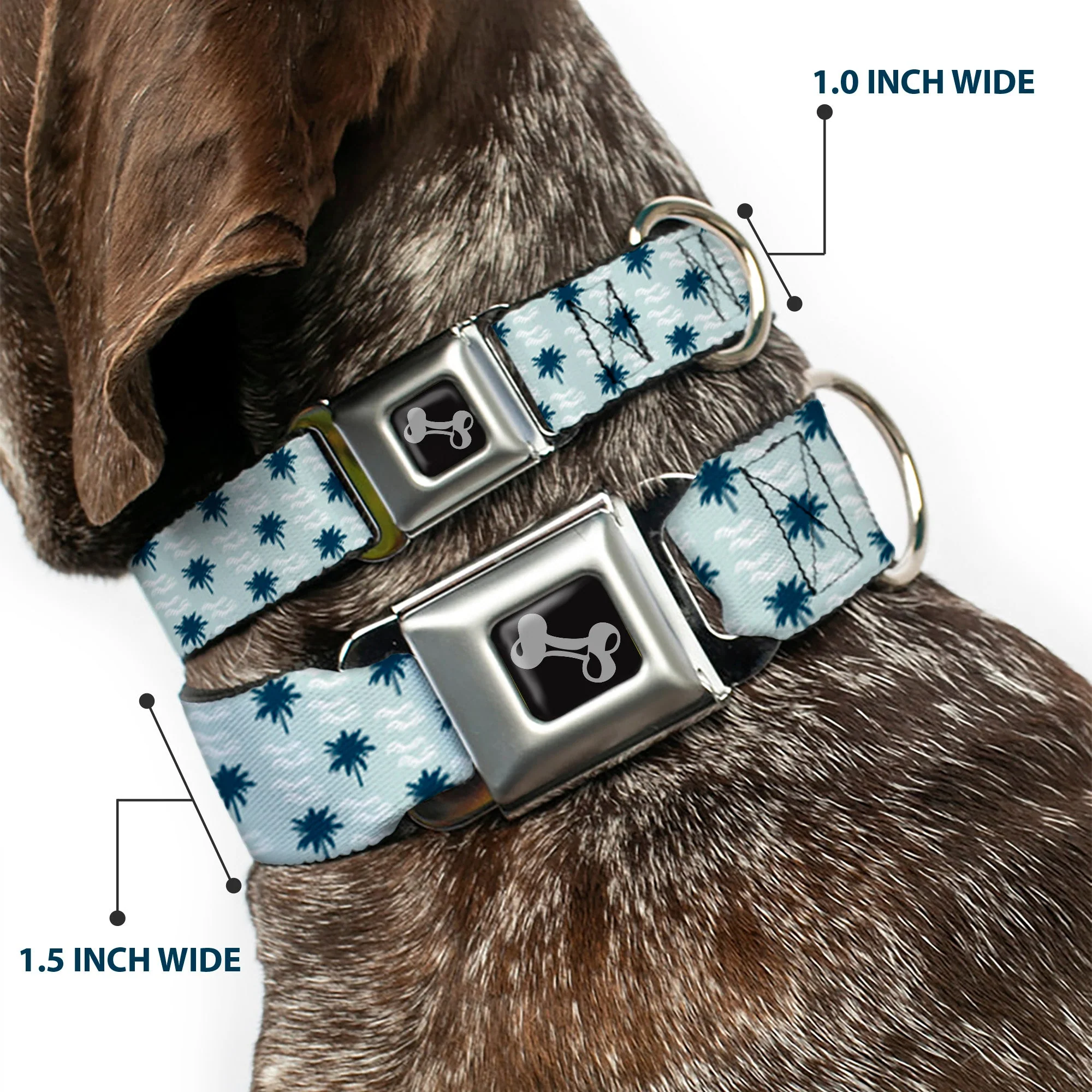 Dog Bone Seatbelt Buckle Collar - Palm Trees & Waves Monogram Blues/White - Image 2