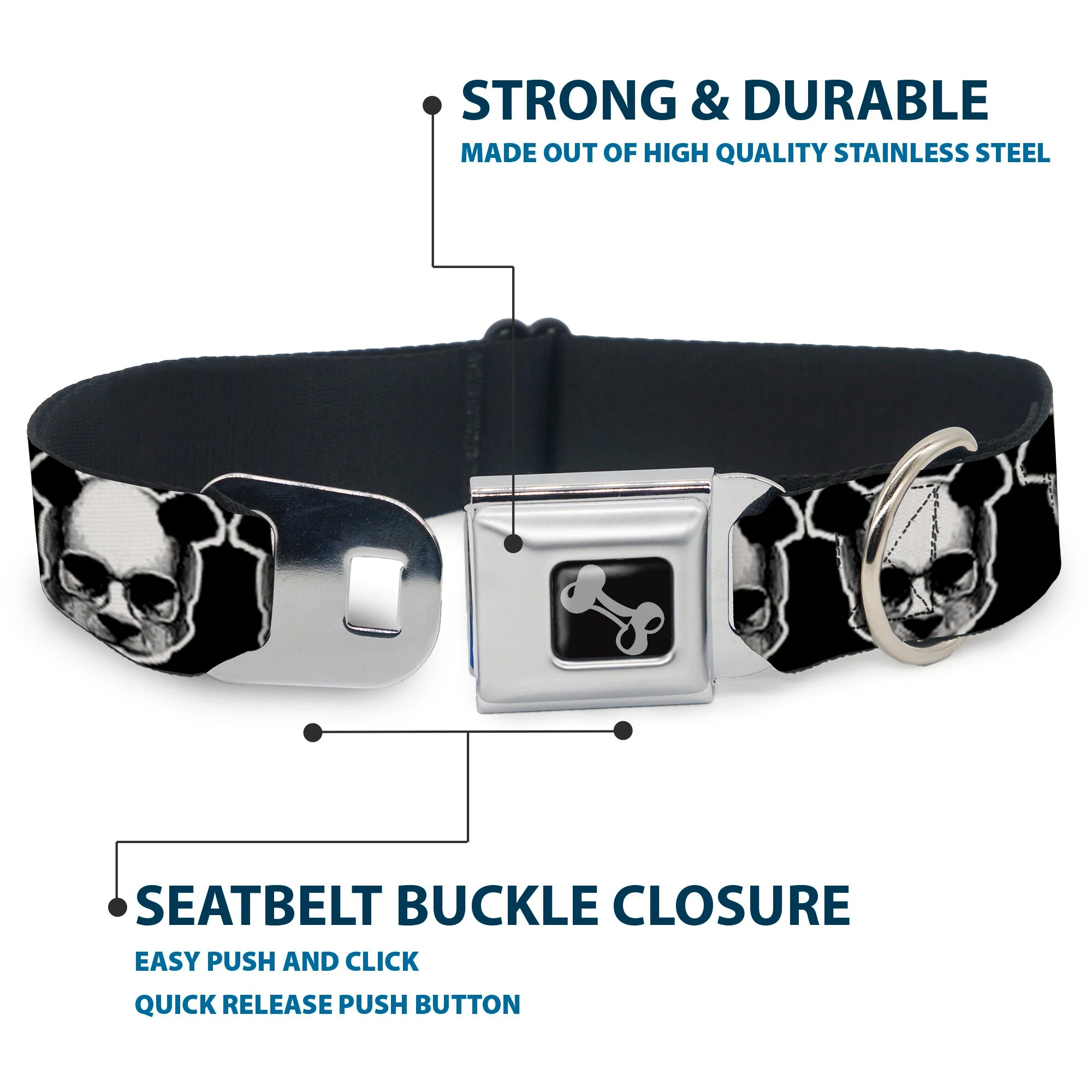 Dog Bone Seatbelt Buckle Collar - Panda Skulls - Image 4