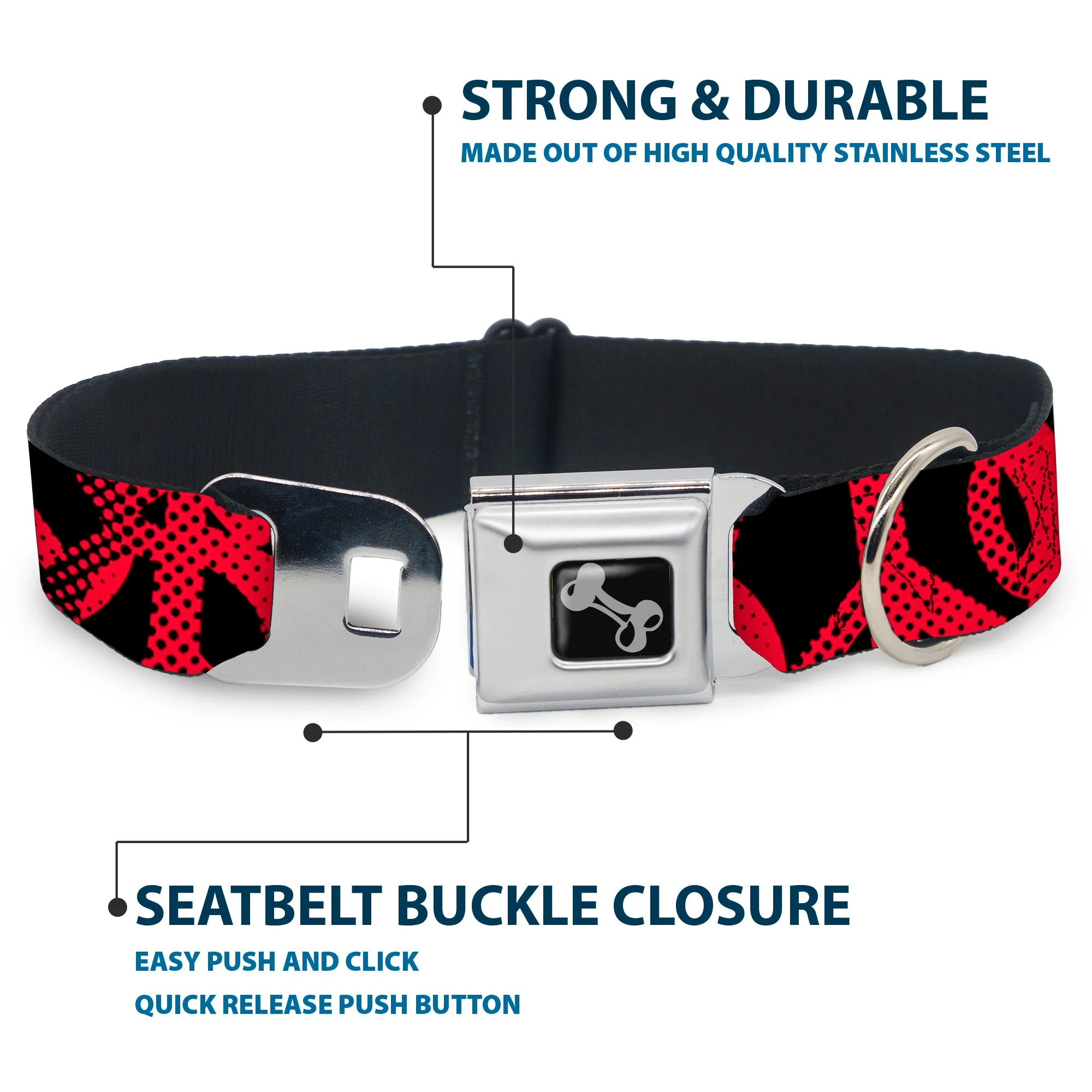 Dog Bone Seatbelt Buckle Collar - Peace Dots Black/Fuchsia - Image 4
