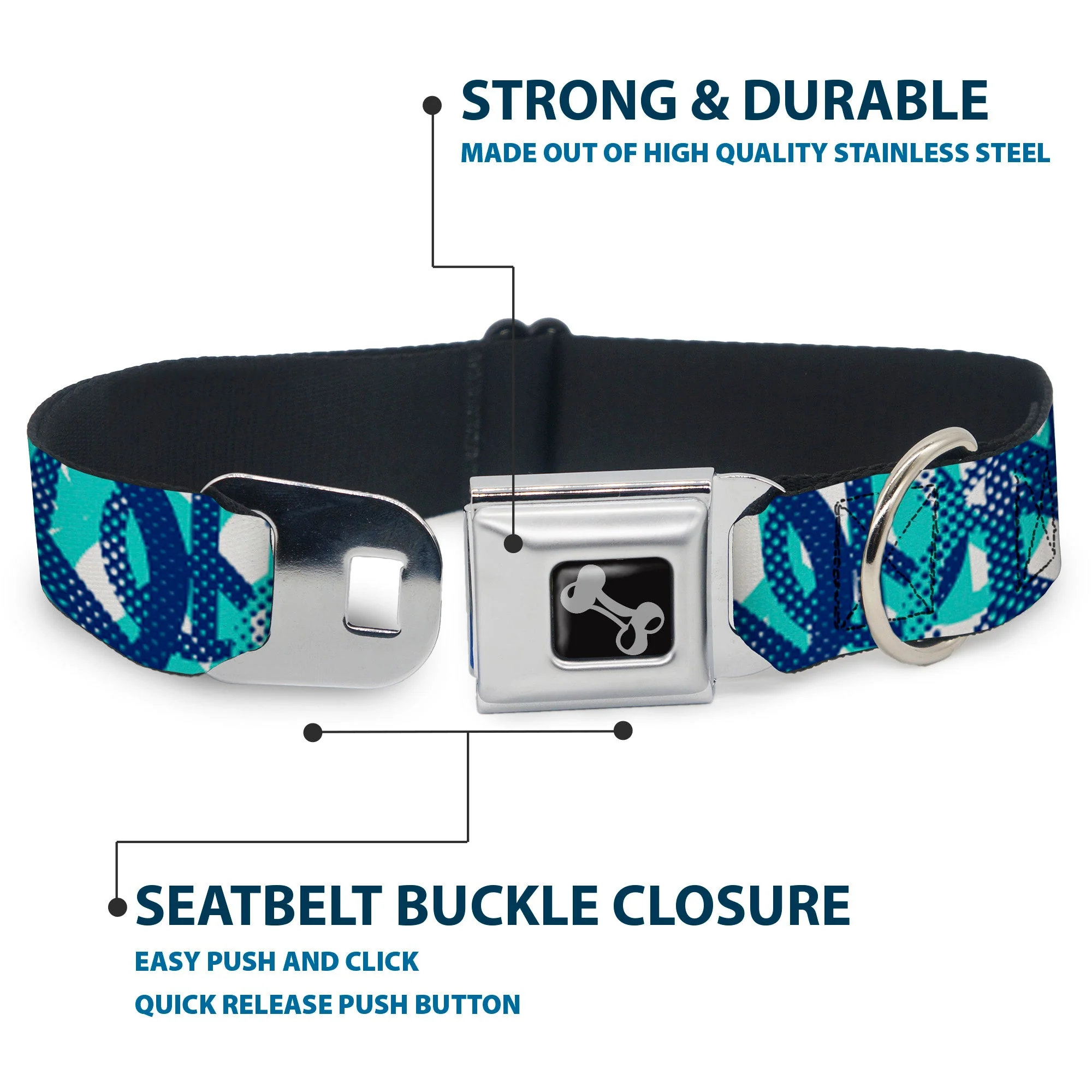 Dog Bone Seatbelt Buckle Collar - Peace Dots White/Blue - Image 4