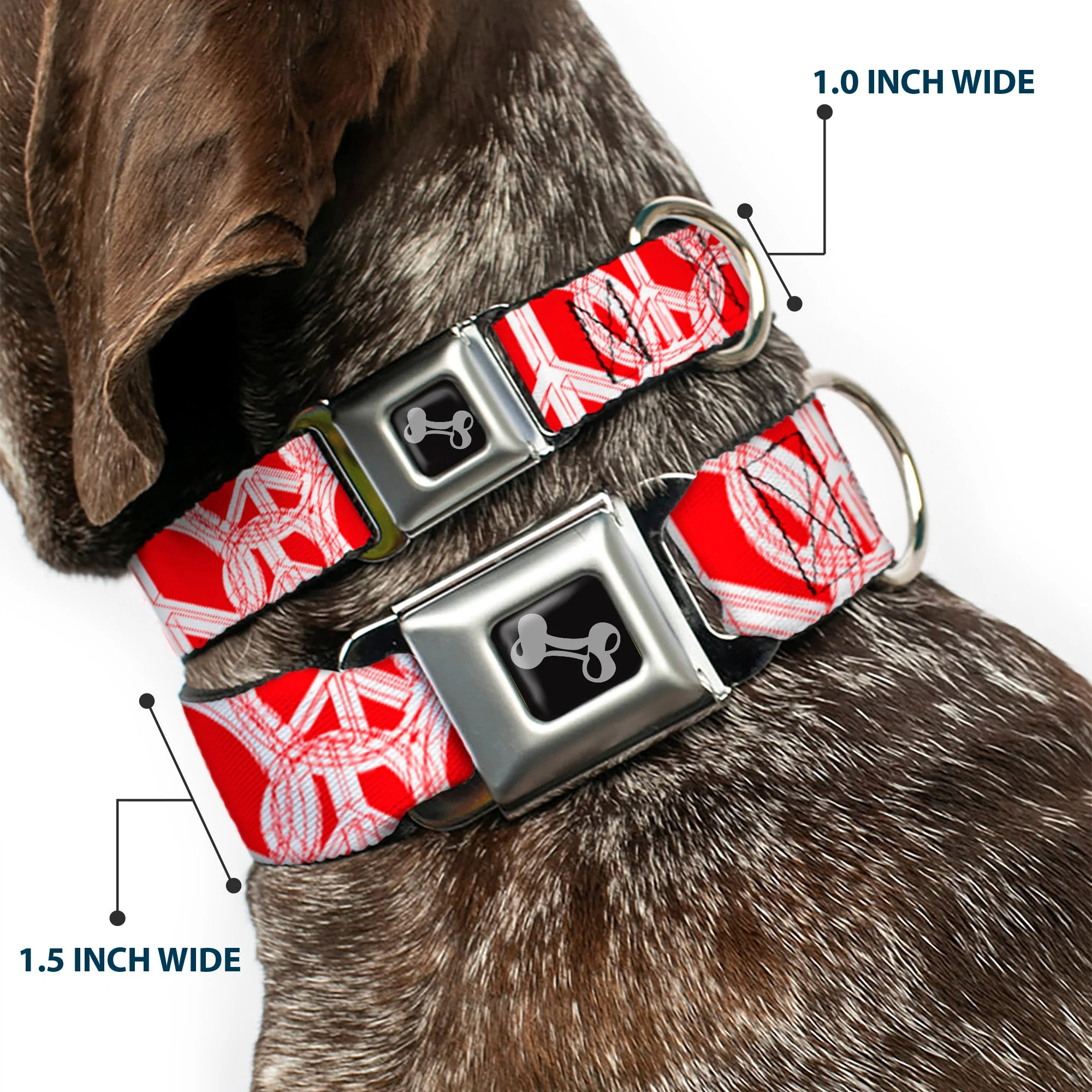 Dog Bone Seatbelt Buckle Collar - Peace Sketch Red/White - Image 2