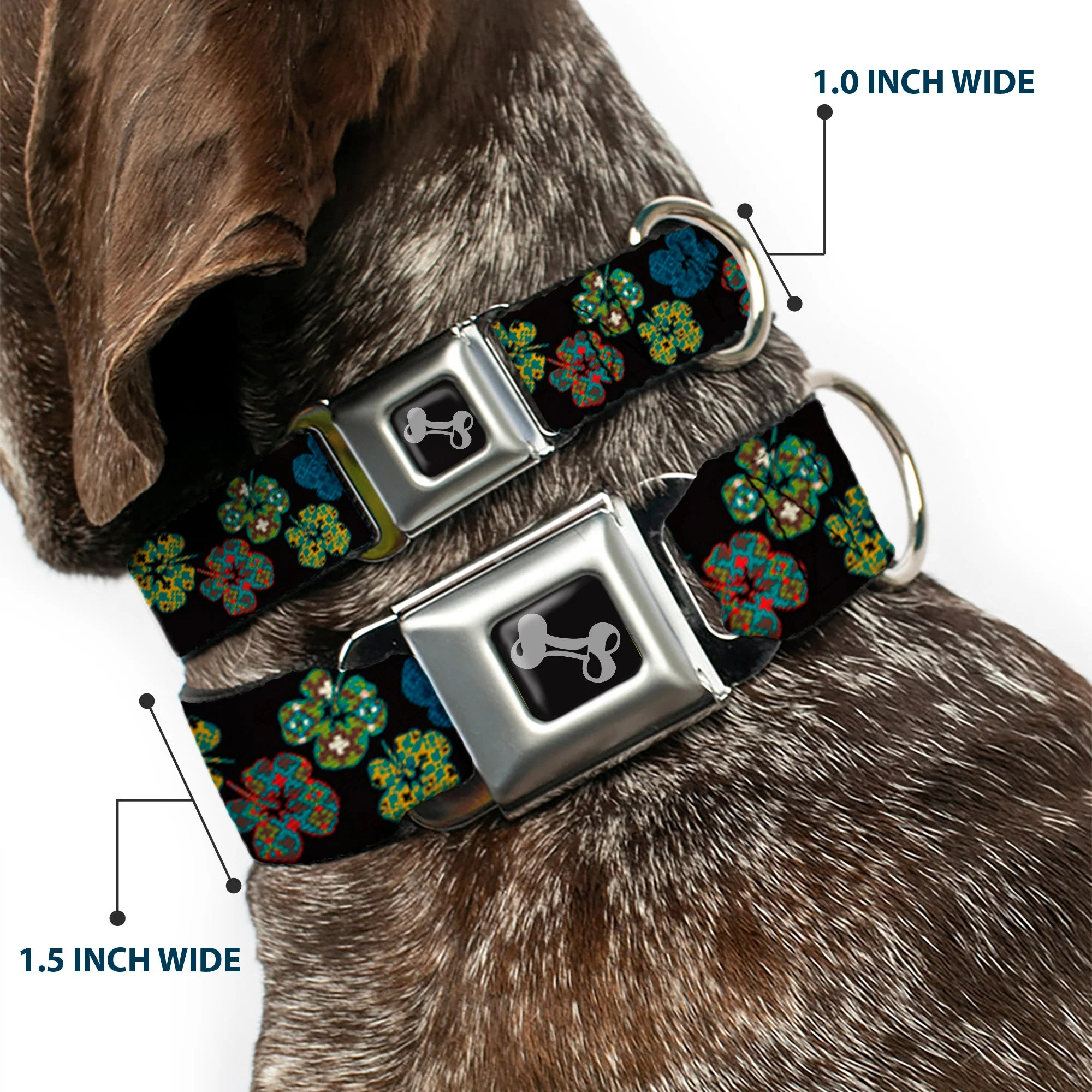 Dog Bone Seatbelt Buckle Collar - Pixilated Hibiscus Flowers Black/Multi Color - Image 2