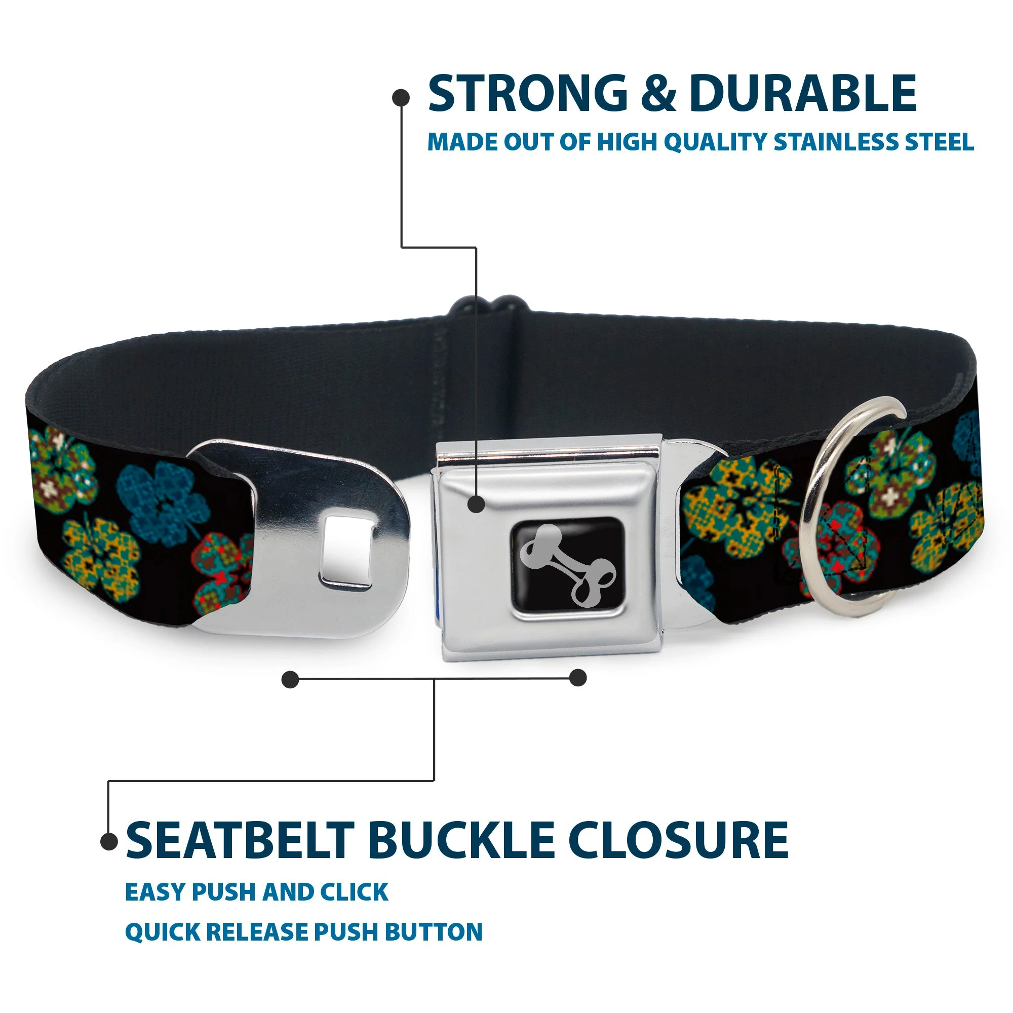 Dog Bone Seatbelt Buckle Collar - Pixilated Hibiscus Flowers Black/Multi Color - Image 4