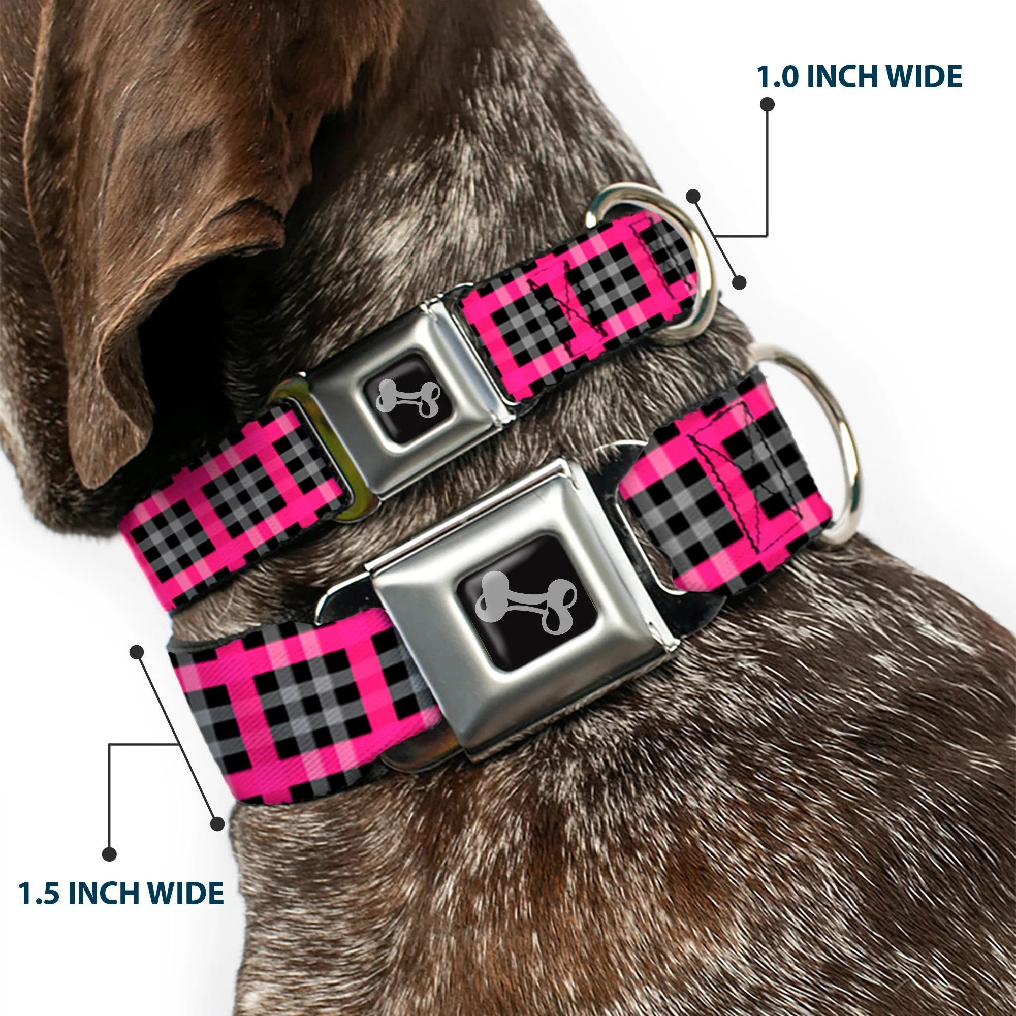 Dog Bone Seatbelt Buckle Collar - Plaid Black/Gray/Fuchsia - Image 2