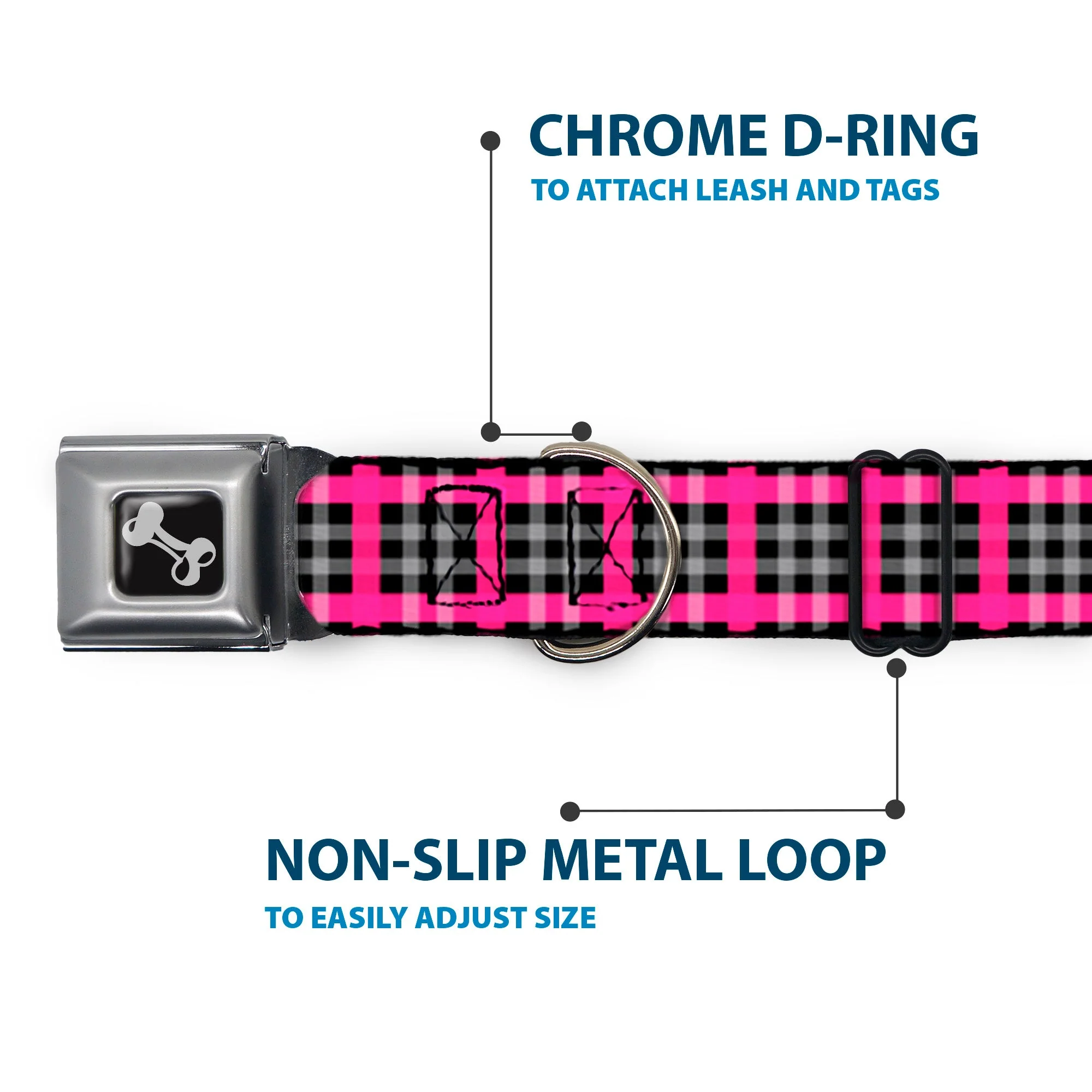 Dog Bone Seatbelt Buckle Collar - Plaid Black/Gray/Fuchsia - Image 5