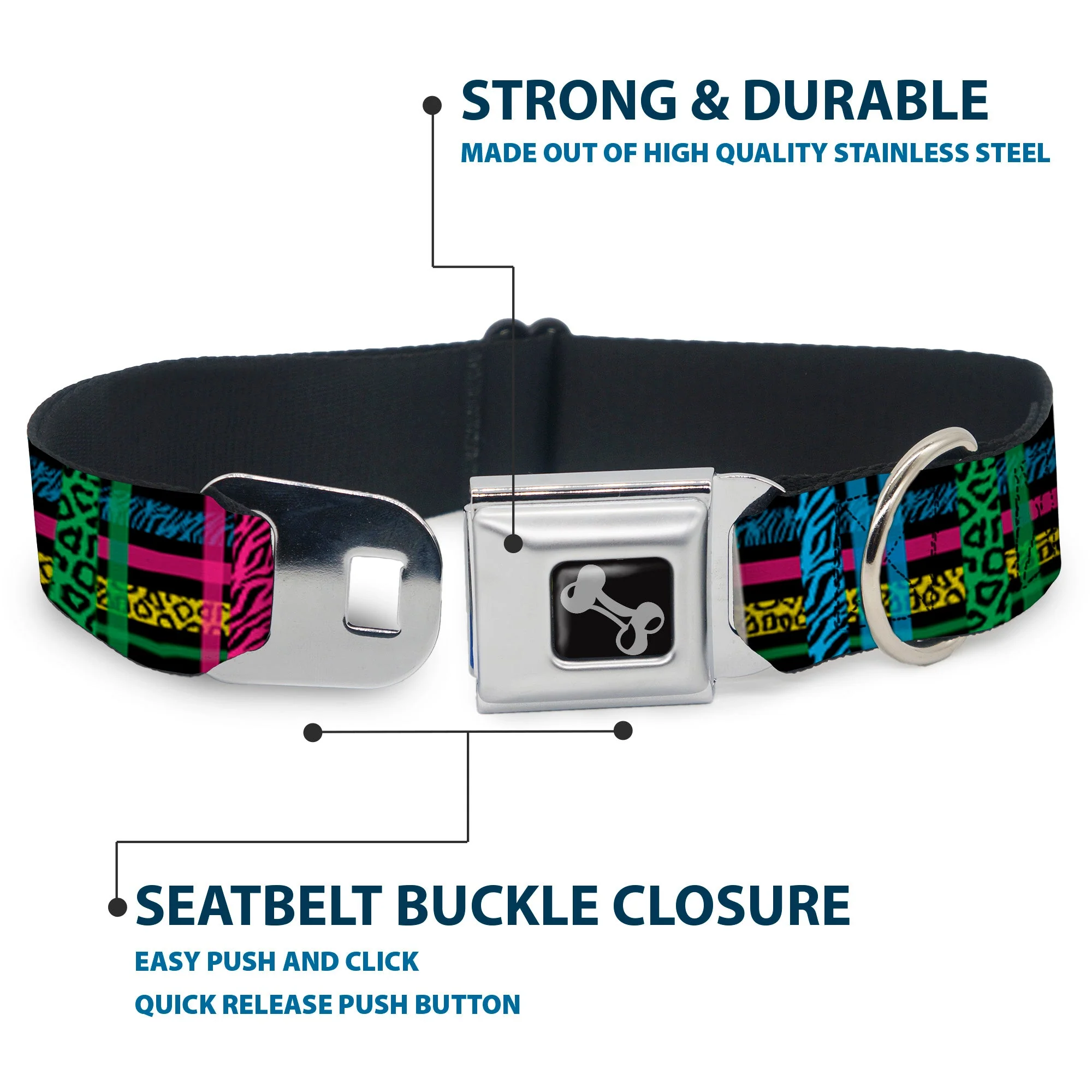Dog Bone Seatbelt Buckle Collar - Plaid Black/Neon Animal Skins - Image 4