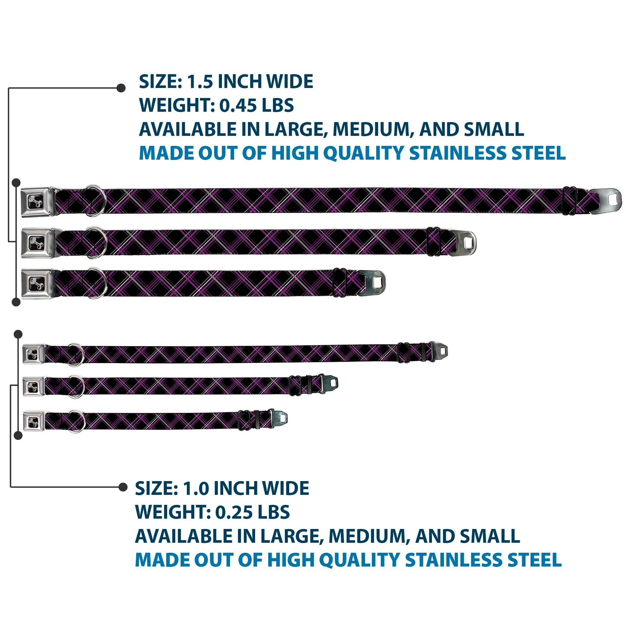 Dog Bone Seatbelt Buckle Collar - Plaid Black/Purple/Gray - Image 3