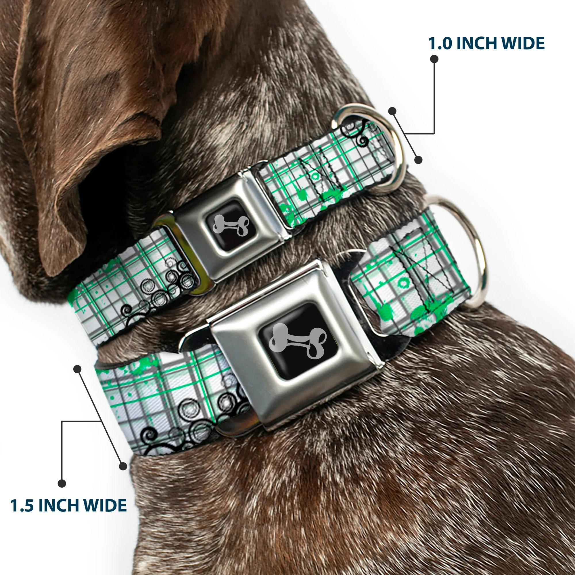 Dog Bone Seatbelt Buckle Collar - Plaid Curls White/Black/Gray/Green - Image 2