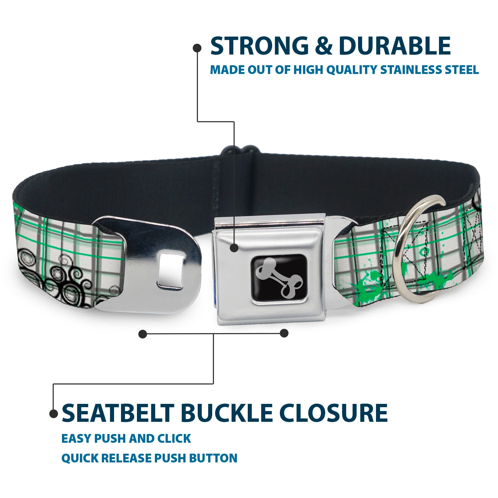 Dog Bone Seatbelt Buckle Collar - Plaid Curls White/Black/Gray/Green - Image 4