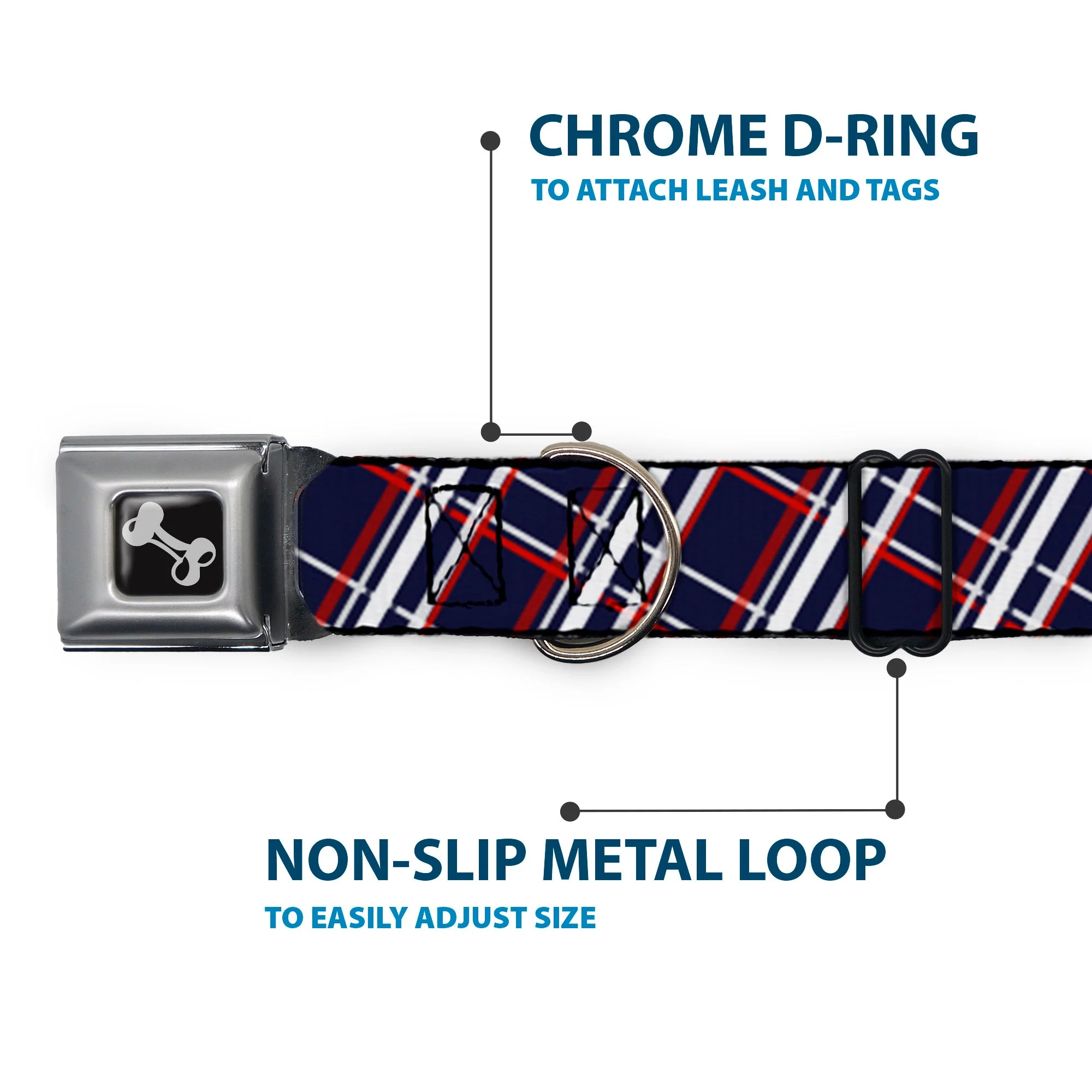 Dog Bone Seatbelt Buckle Collar - Plaid X Blue/White/Red - Image 5