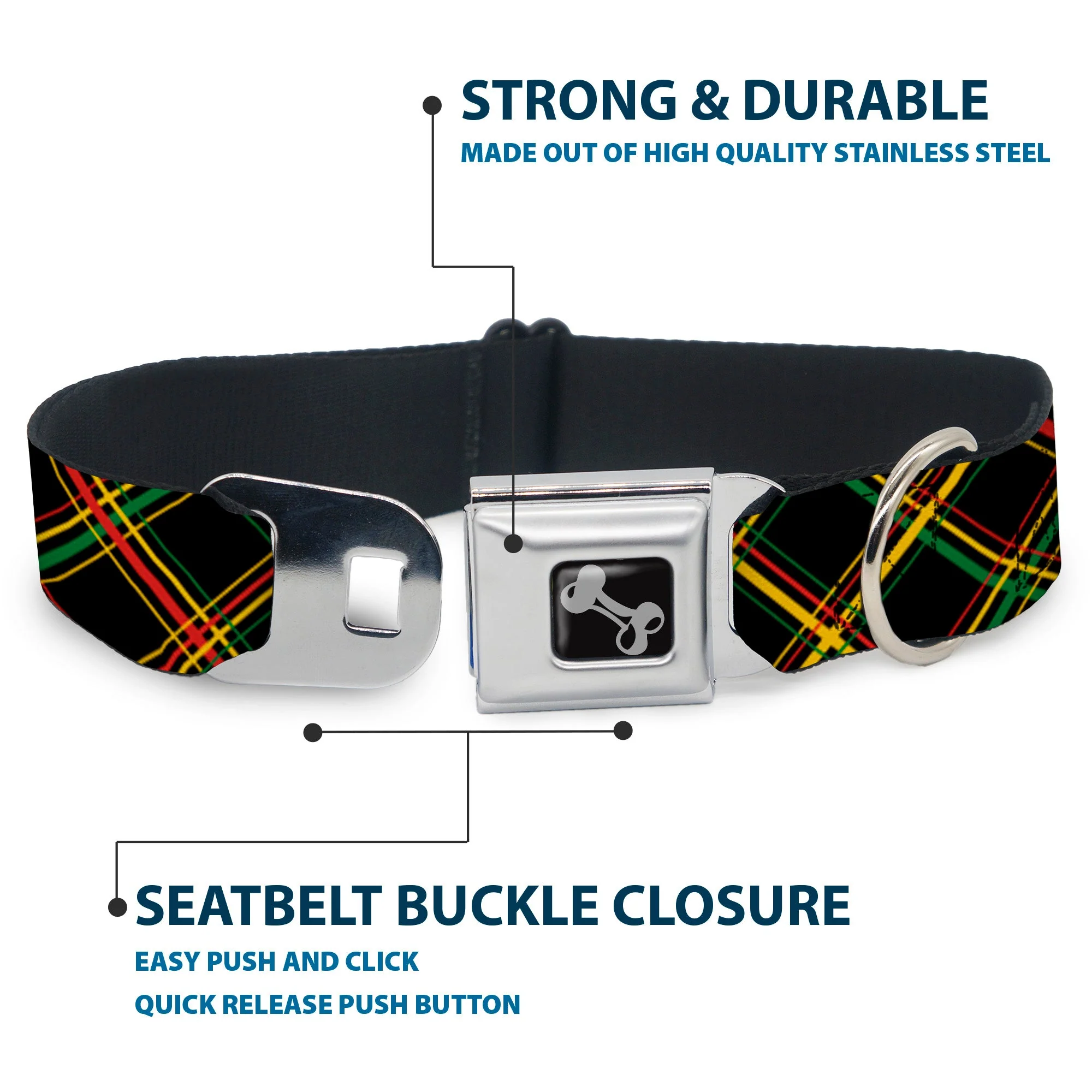 Dog Bone Seatbelt Buckle Collar - Plaid X Rasta - Image 4