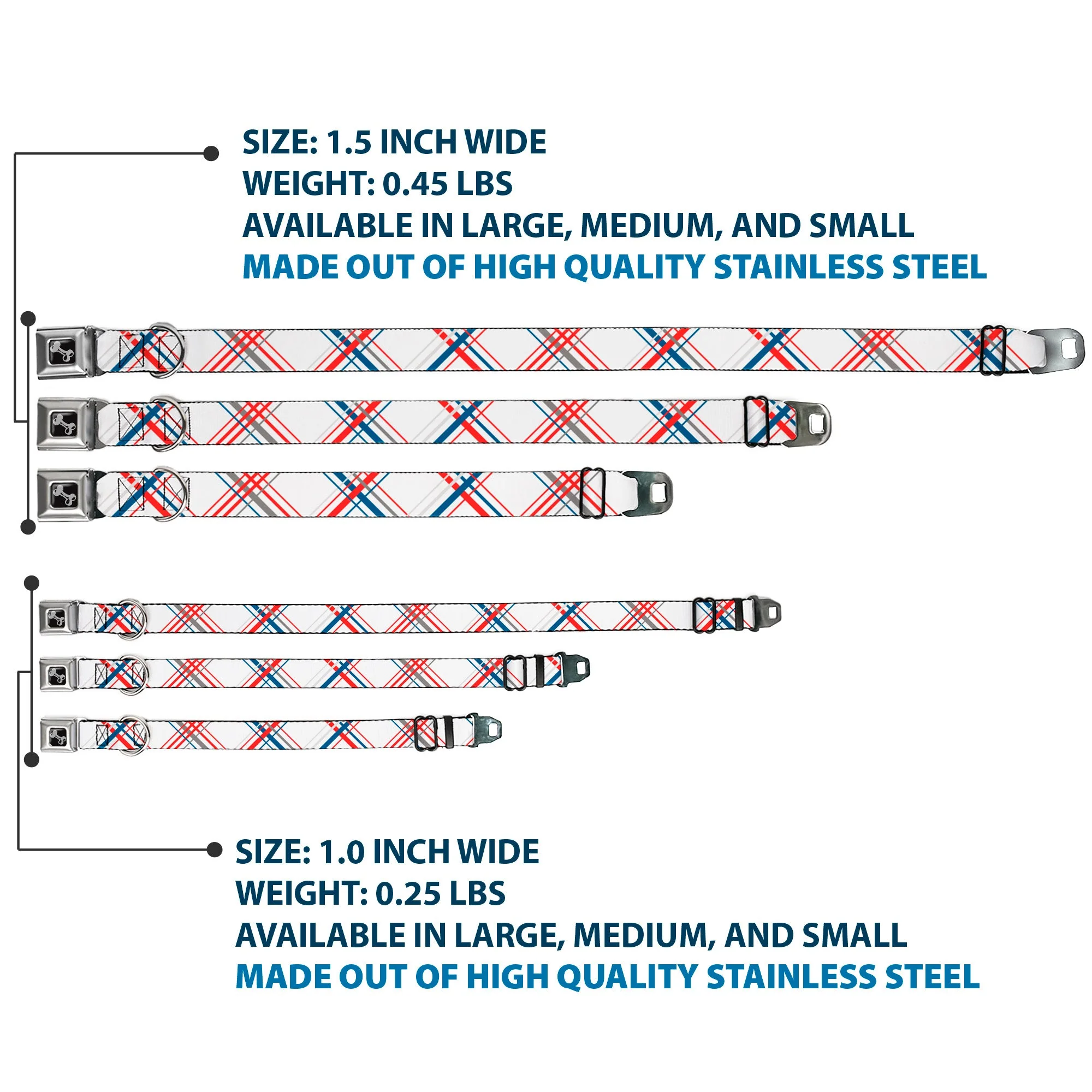 Dog Bone Seatbelt Buckle Collar - Plaid X White/Red/Turquoise/Gray - Image 3