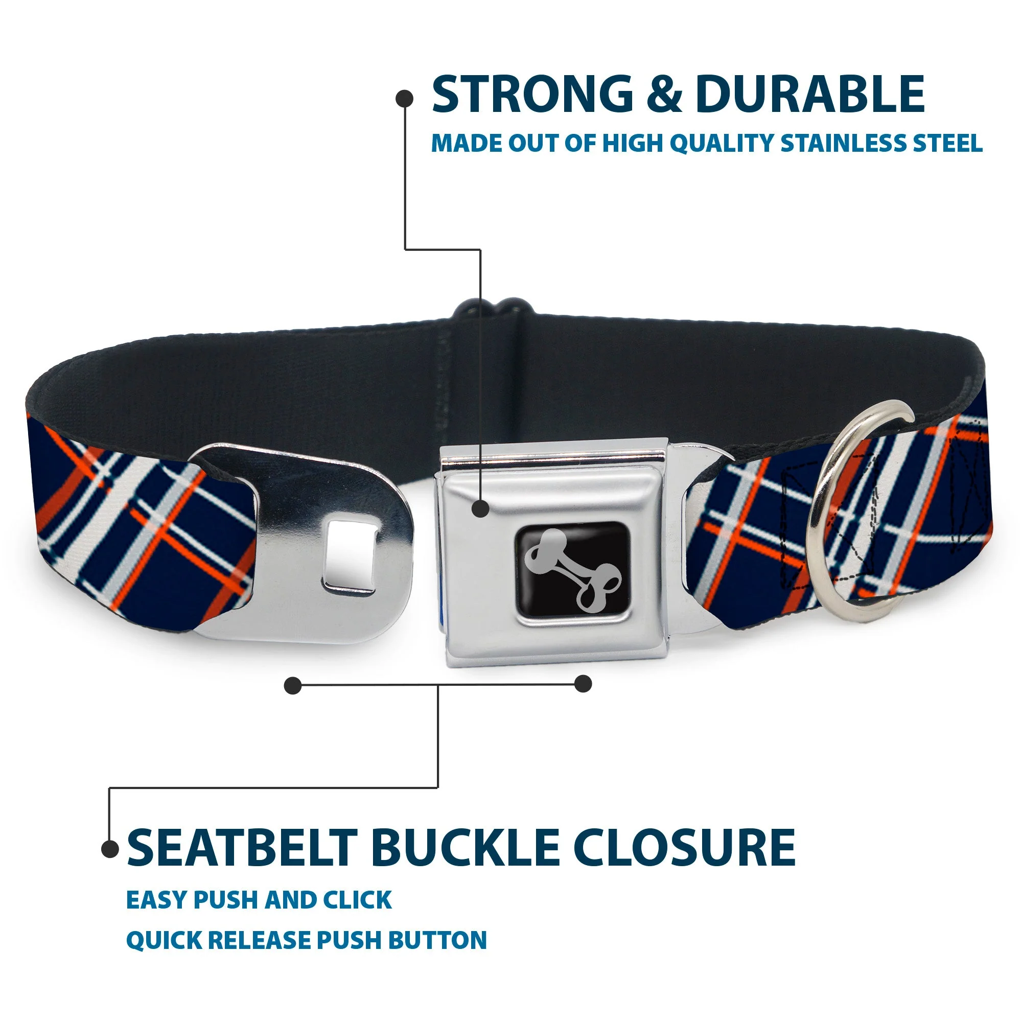 Dog Bone Seatbelt Buckle Collar - Plaid X2 Navy/White/Orange - Image 4