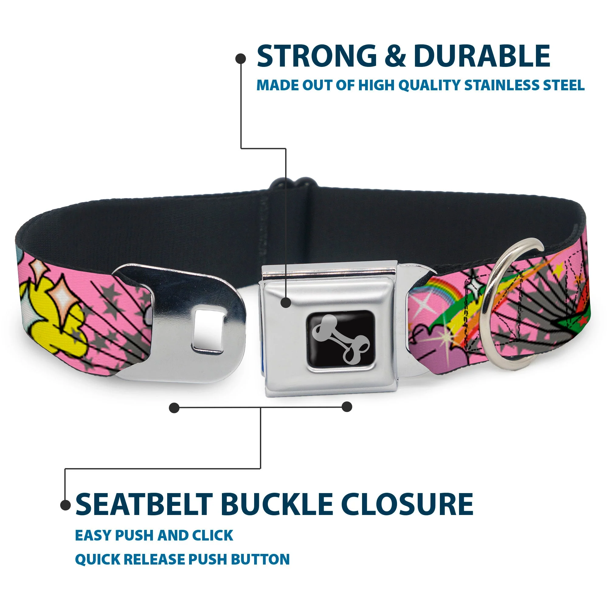 Dog Bone Seatbelt Buckle Collar - Rainbow Cloud Stars Pink - Image 4