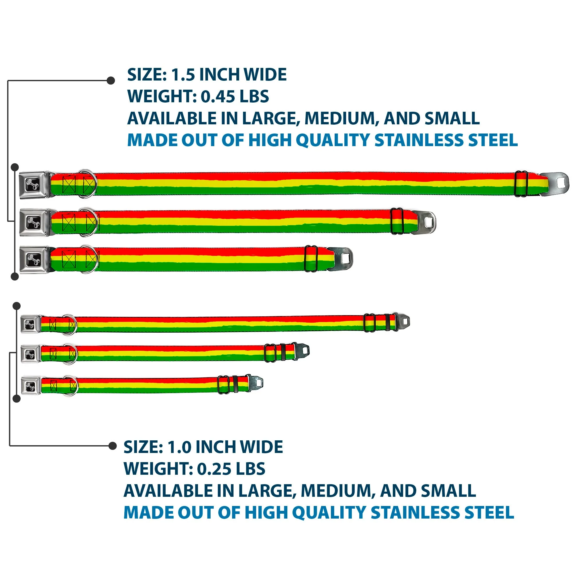 Dog Bone Seatbelt Buckle Collar - Rasta Stripes Painted Green/Yellow/Red - Image 3