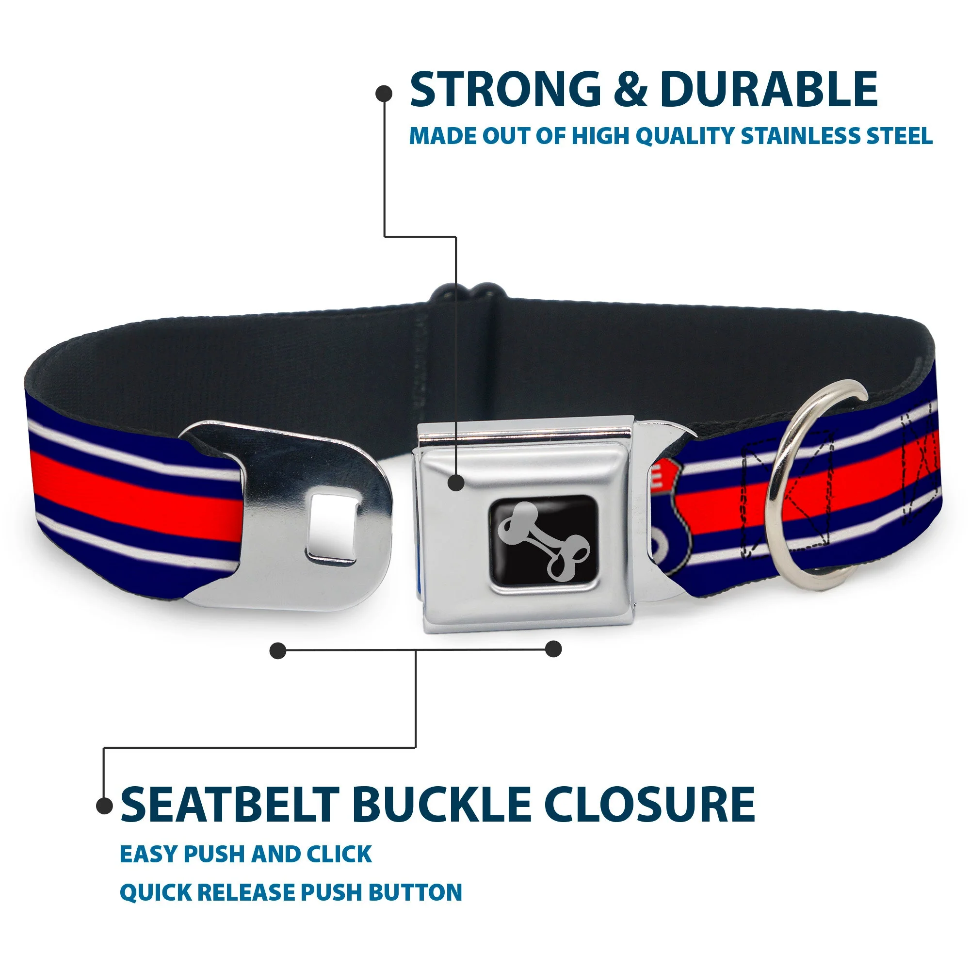 Dog Bone Seatbelt Buckle Collar - ROUTE 66 Highway Sign/Stripe Blue/White/Red - Image 4