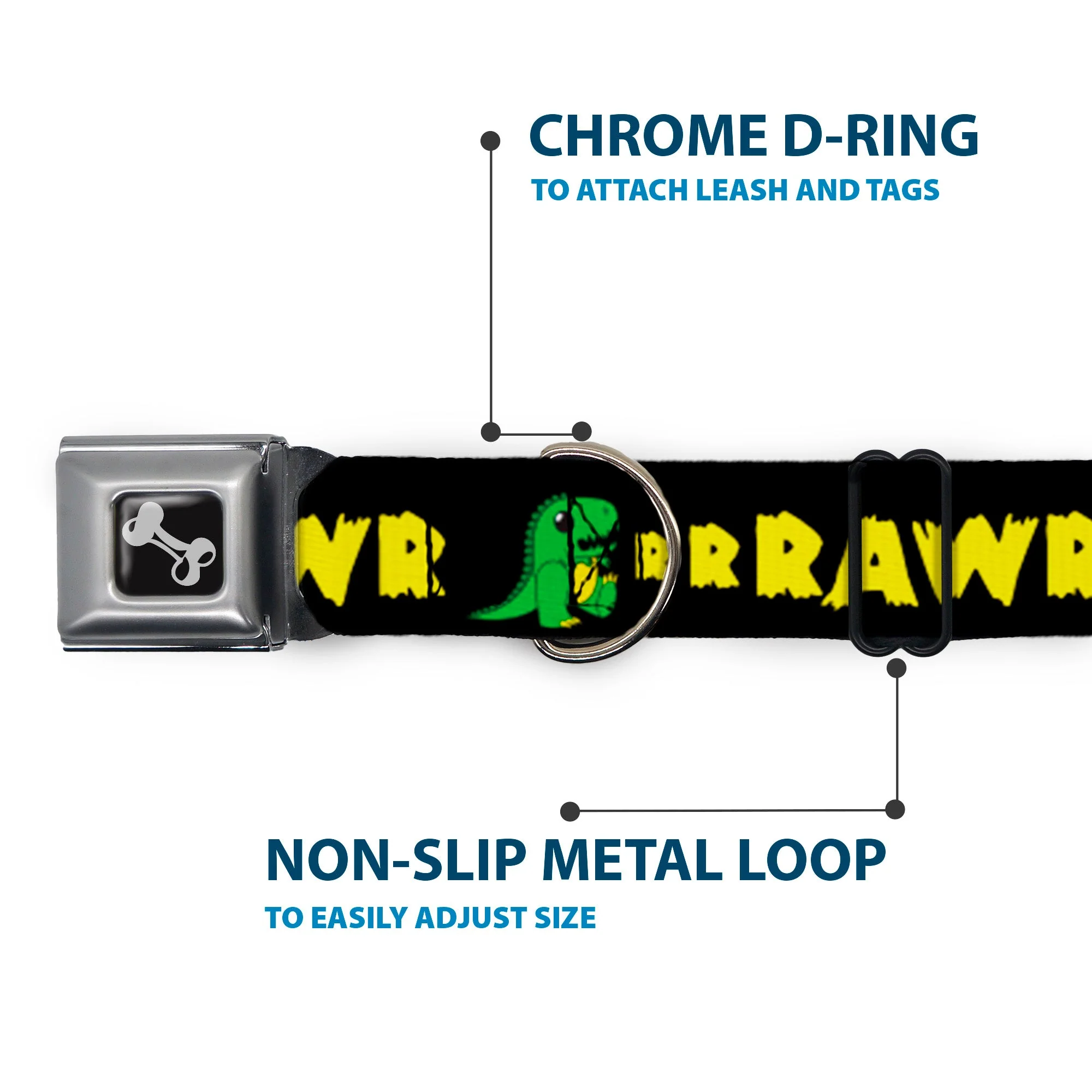 Dog Bone Seatbelt Buckle Collar - RRRAWR Dinosaur Black/Green/Yellow - Image 5