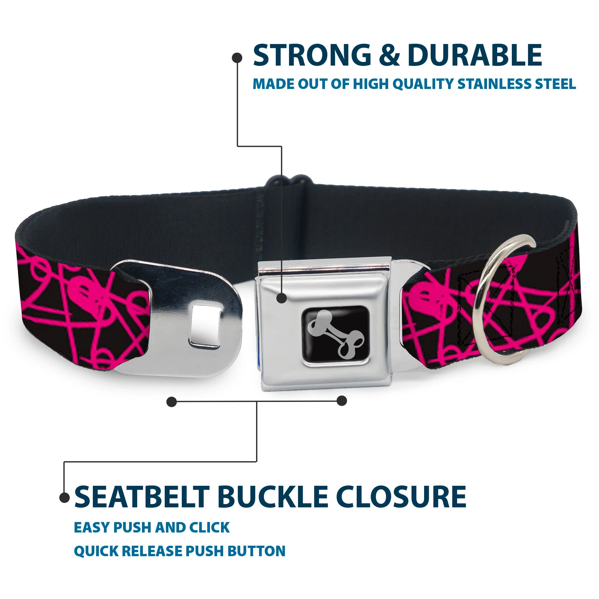 Dog Bone Seatbelt Buckle Collar - Safety Pins Black/Fuchsia - Image 4