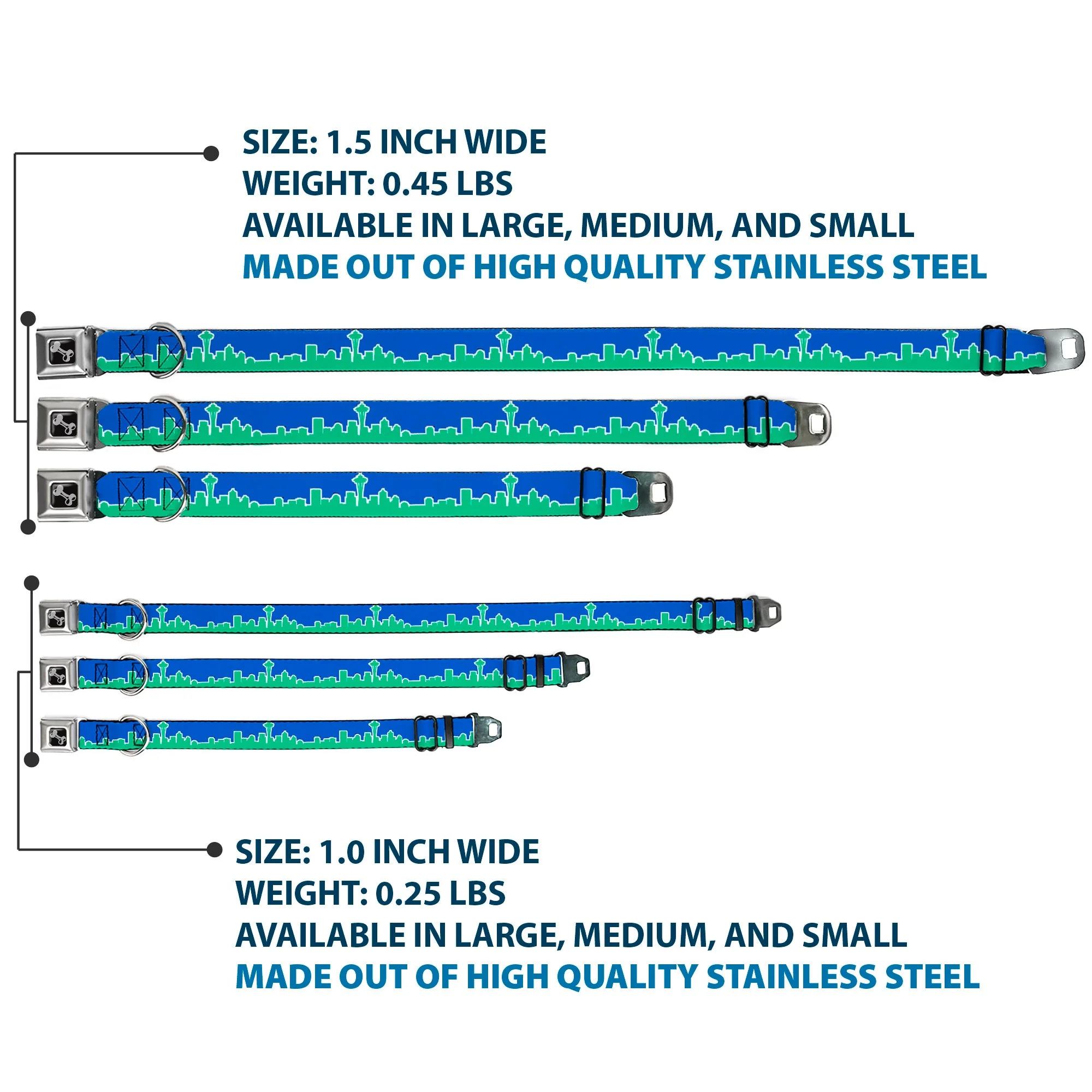 Dog Bone Seatbelt Buckle Collar - Seattle Skyline Blue/Green - Image 3