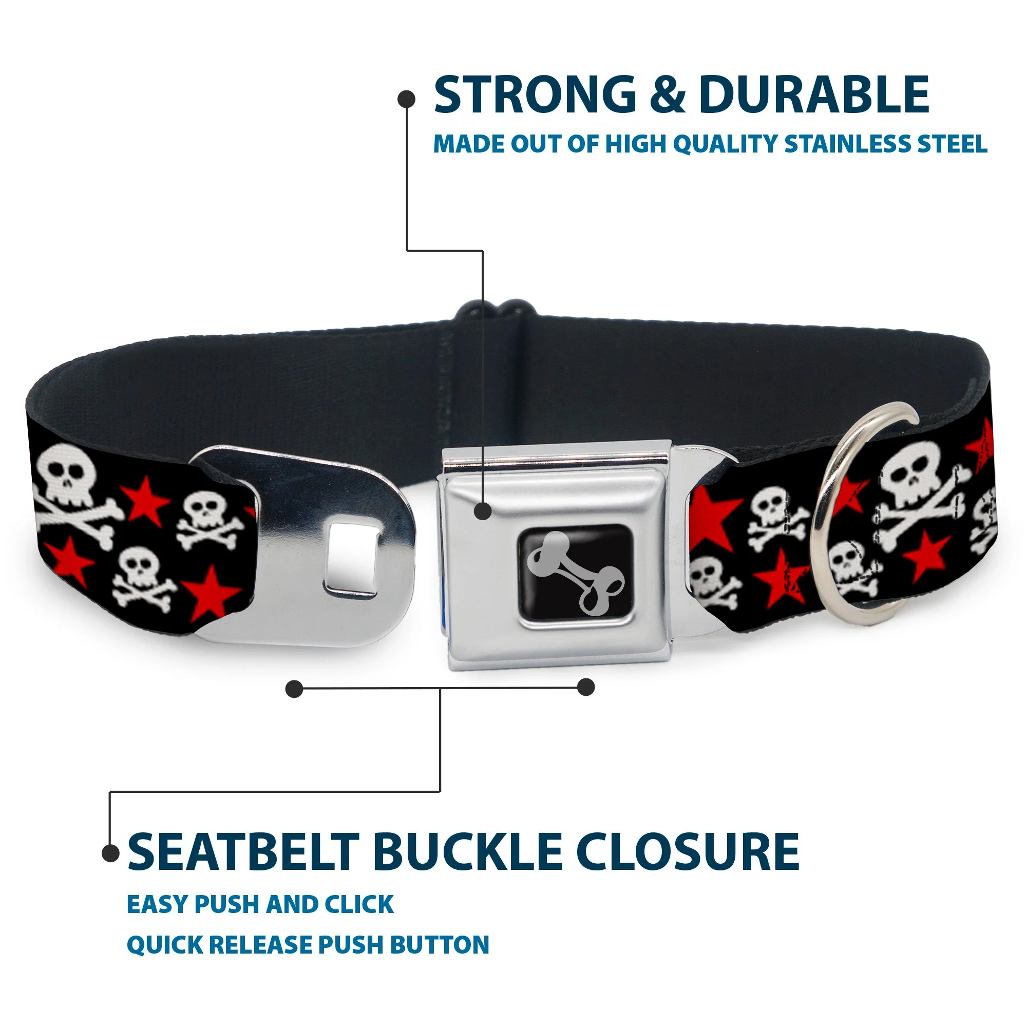 Dog Bone Seatbelt Buckle Collar - Skulls & Stars Black/White/Red - Image 4