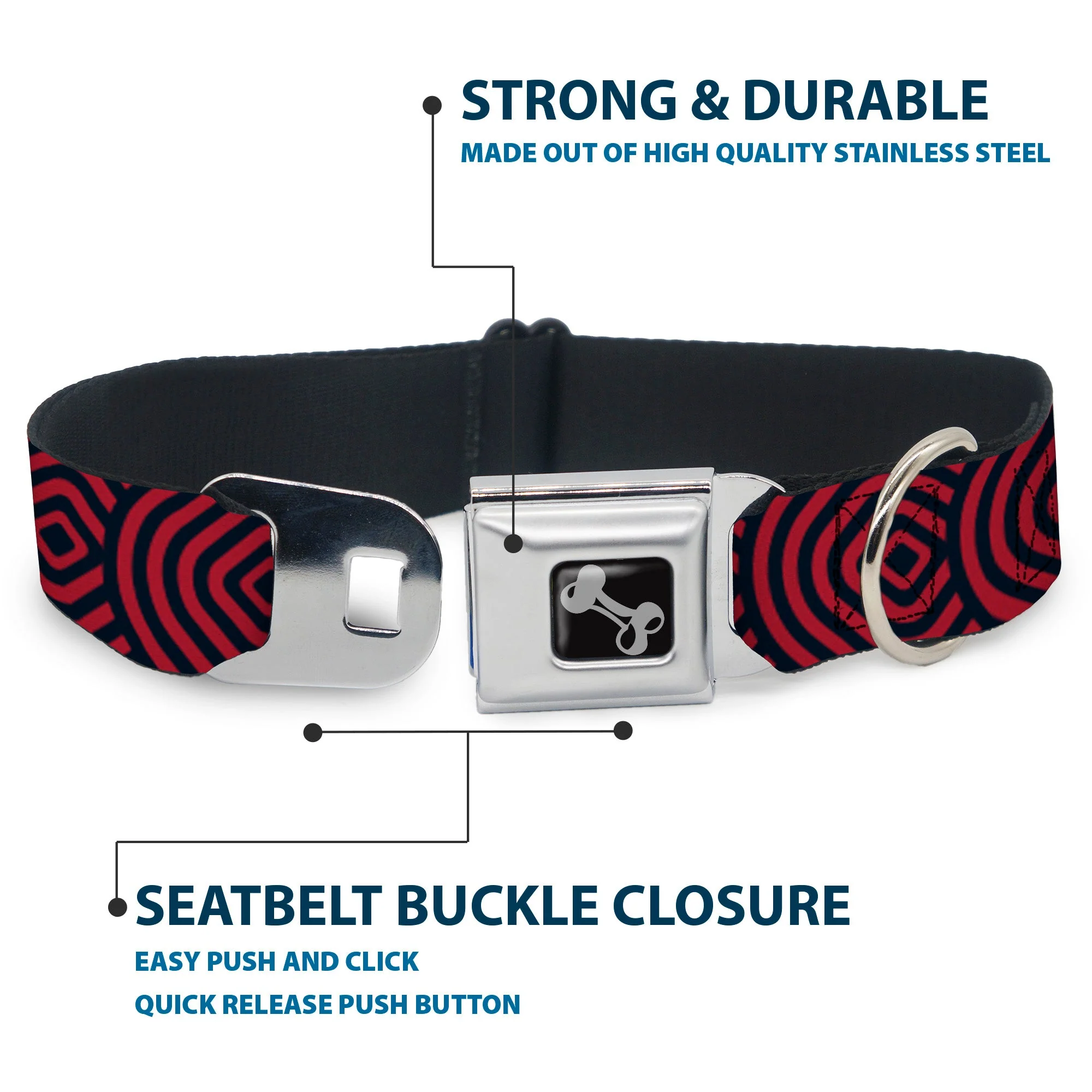 Dog Bone Seatbelt Buckle Collar - Square Target Red/Navy - Image 4