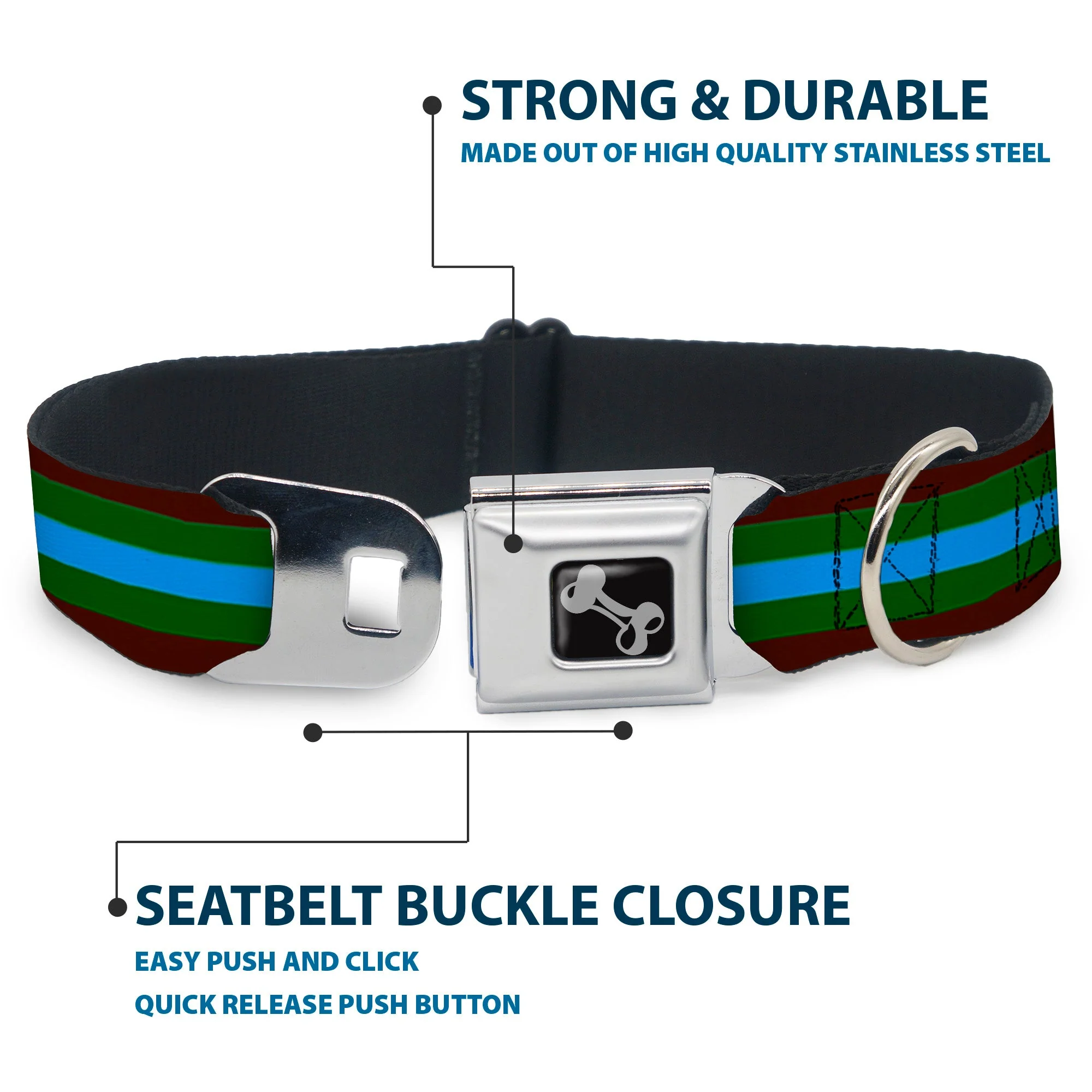 Dog Bone Seatbelt Buckle Collar - Stripes Brown/Green/Baby Blue - Image 4
