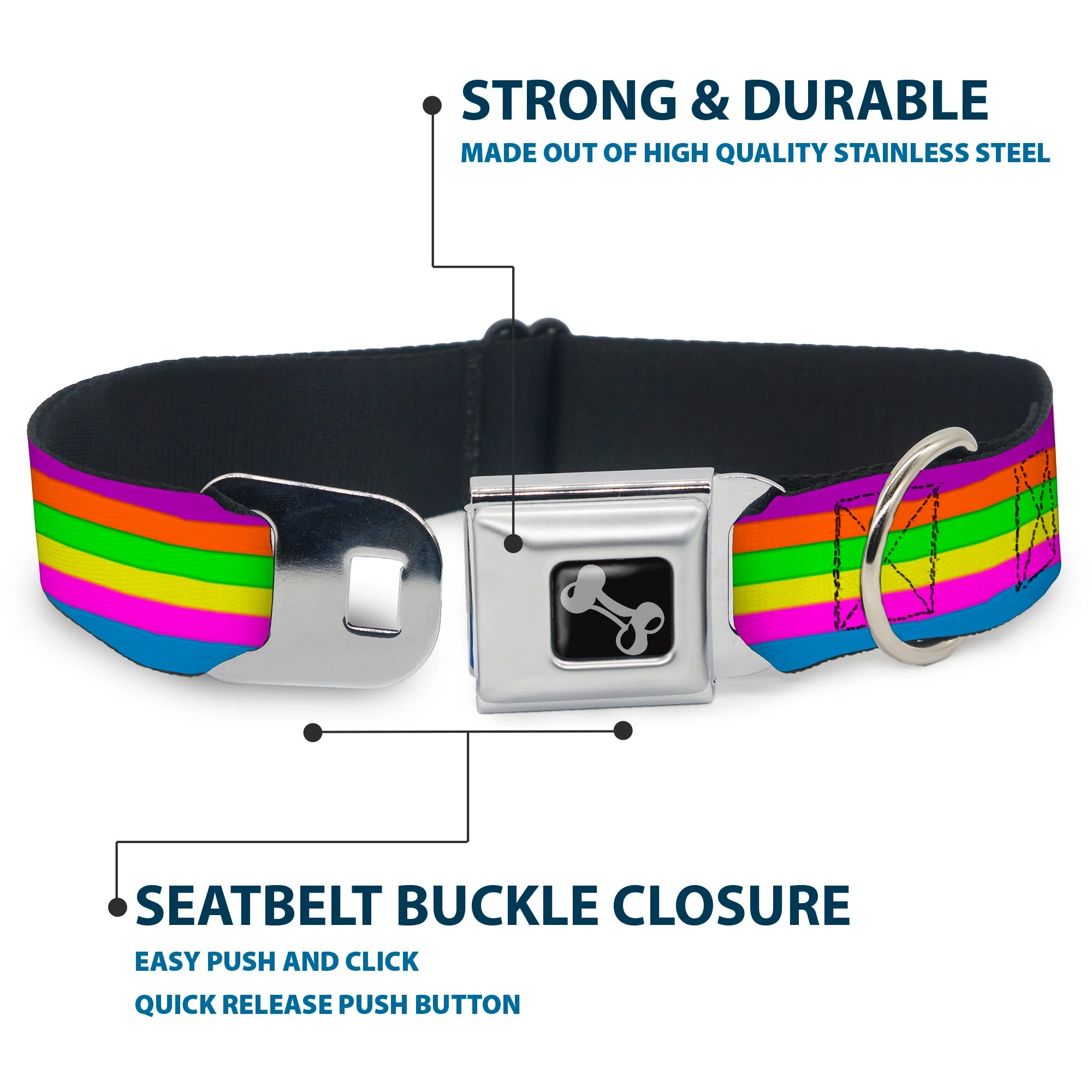 Dog Bone Seatbelt Buckle Collar - Stripes Purple/Orange/Green/Yellow/Pink/Blue - Image 4