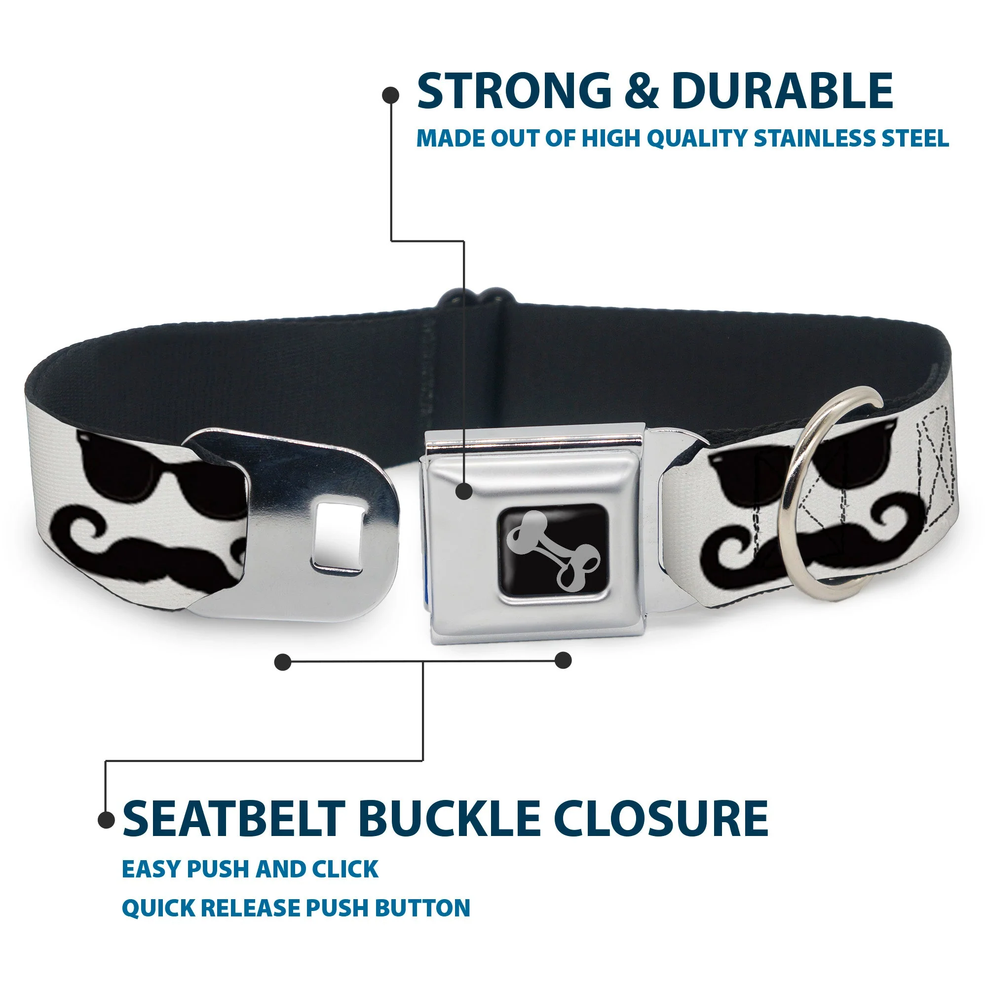 Dog Bone Seatbelt Buckle Collar - Sunglasses & Mustache White/Black - Image 4