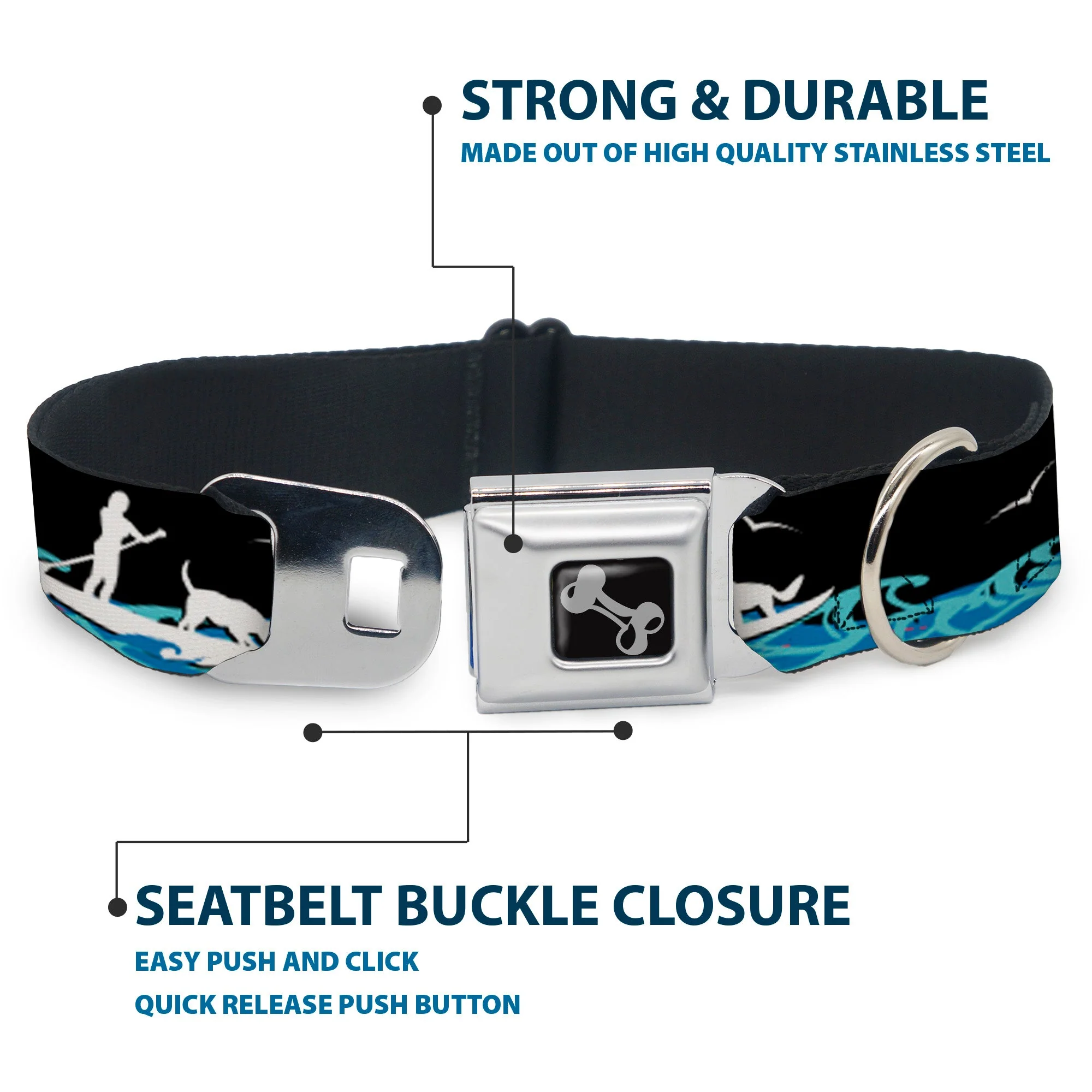 Dog Bone Seatbelt Buckle Collar - SUP w/Dog Black/Blues/White - Image 4