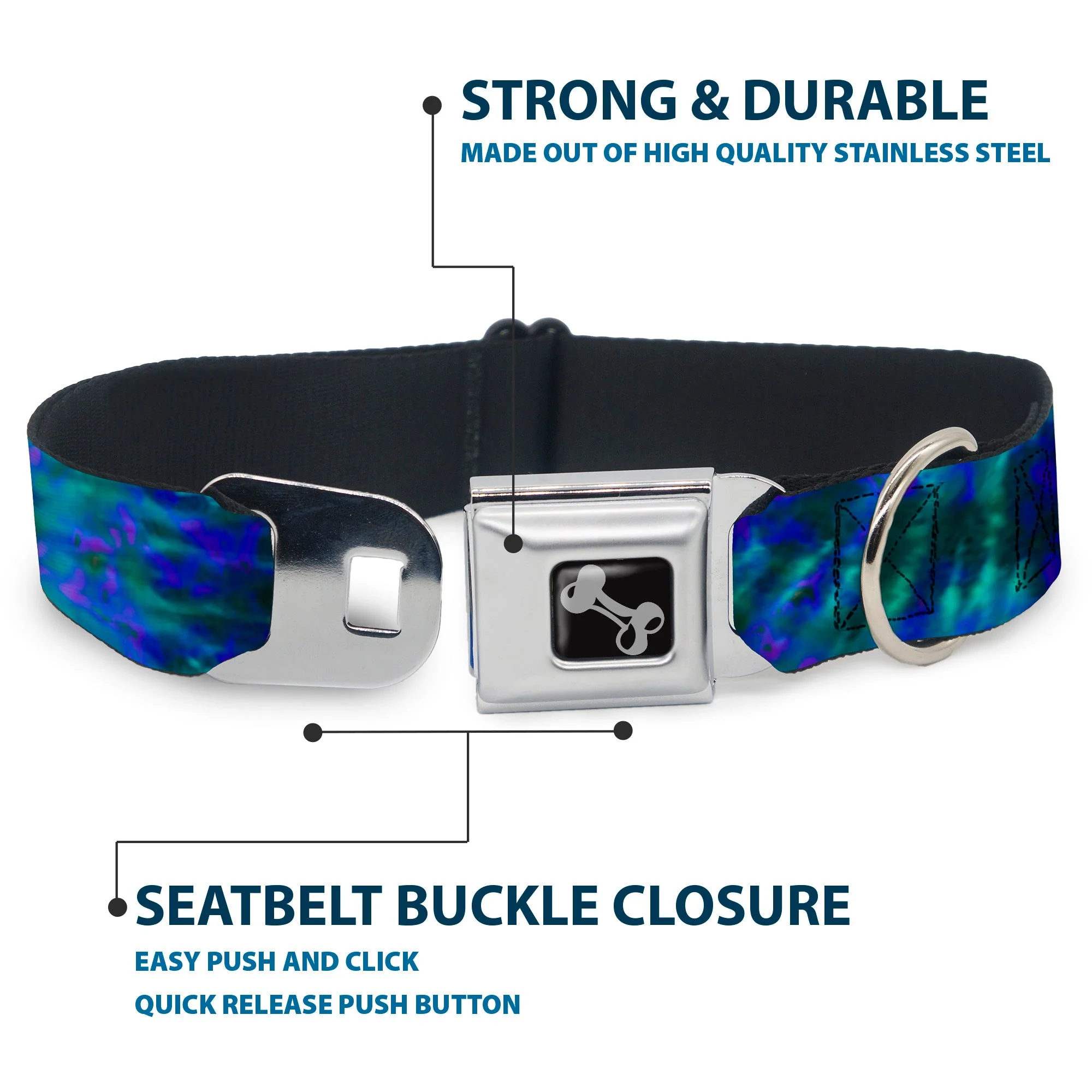 Dog Bone Seatbelt Buckle Collar - Tie Dye Green/Blue/Purple - Image 4