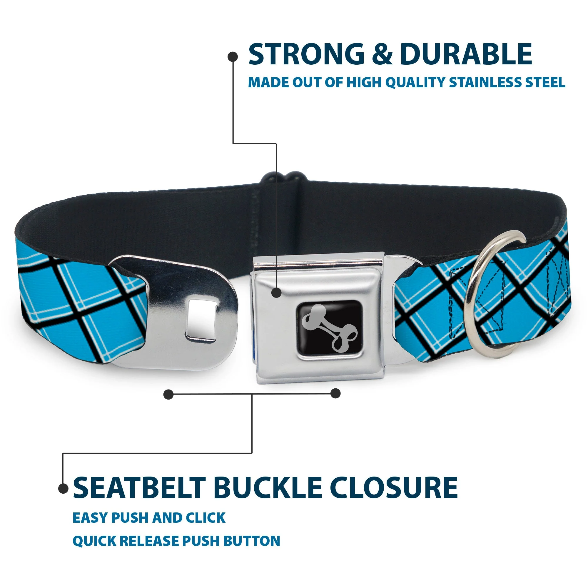 Dog Bone Seatbelt Buckle Collar - Wire Grid Baby Blue Black/White - Image 4