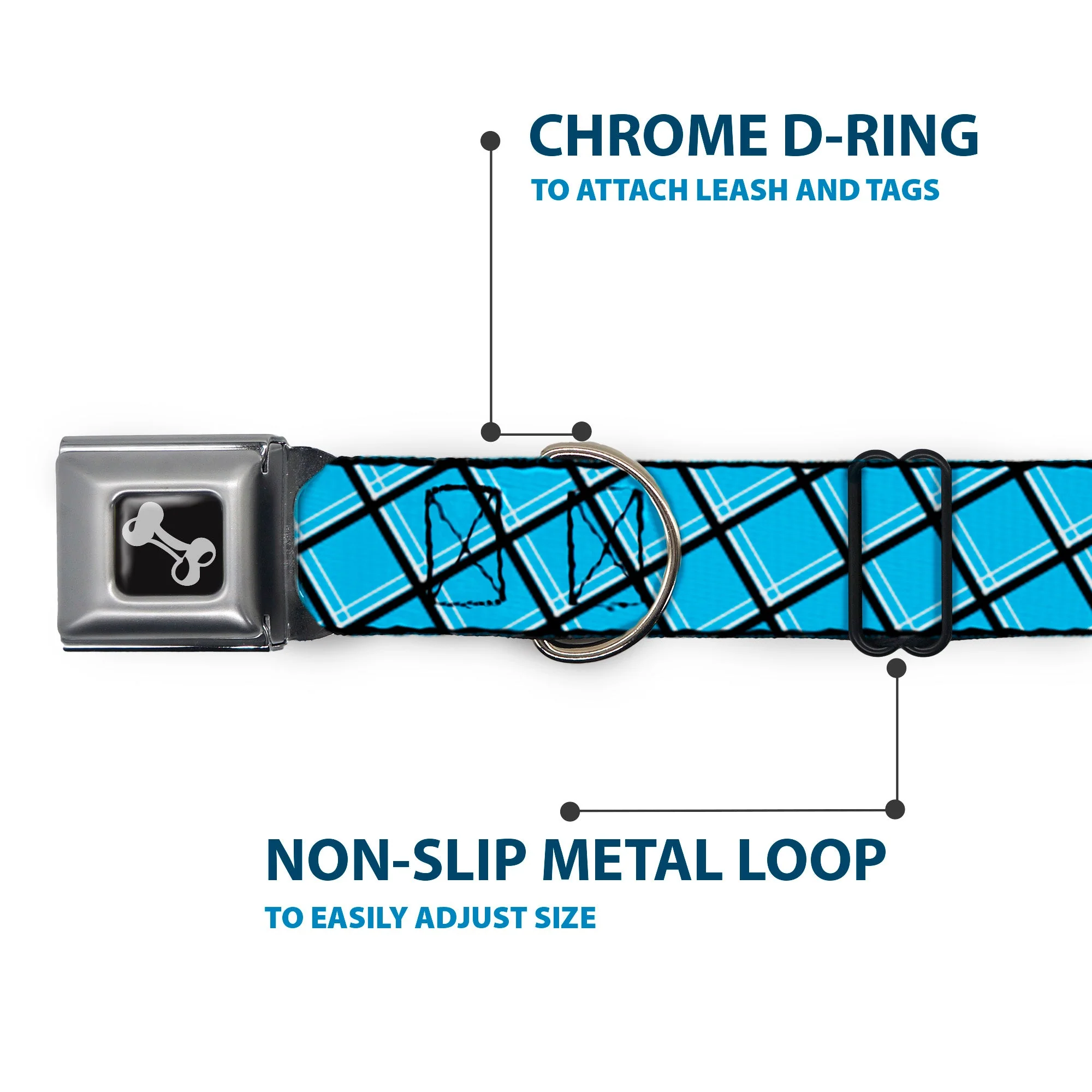 Dog Bone Seatbelt Buckle Collar - Wire Grid Baby Blue Black/White - Image 5