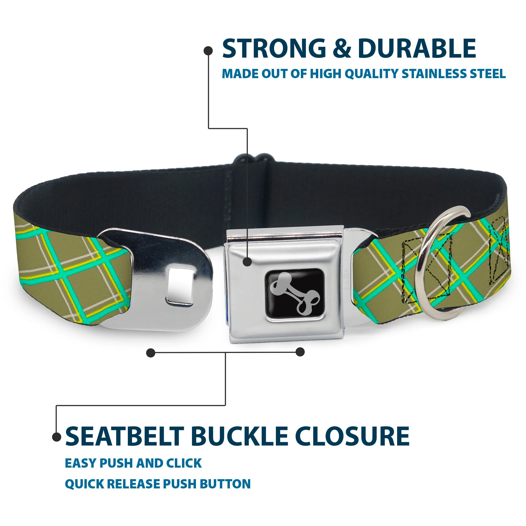 Dog Bone Seatbelt Buckle Collar - Wire Grid Tan/Green/Yellow - Image 4