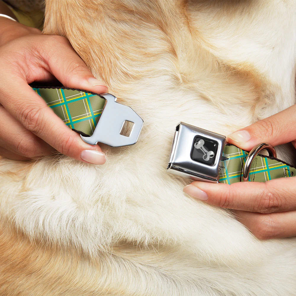 Dog Bone Seatbelt Buckle Collar - Wire Grid Tan/Green/Yellow - Image 8