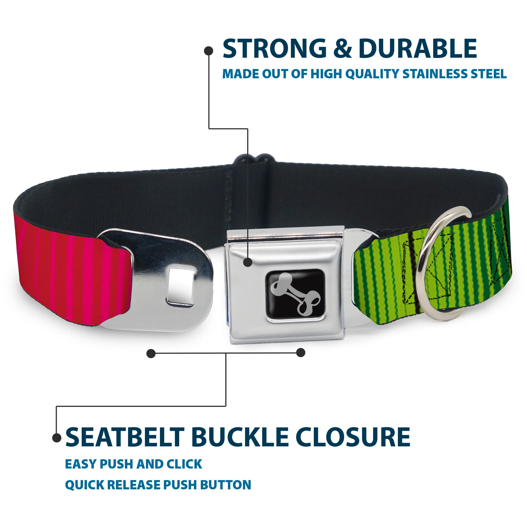Dog Bone Seatbelt Buckle Collar - Zarape7 Vertical Pinks/Blues/Greens/Black - Image 4