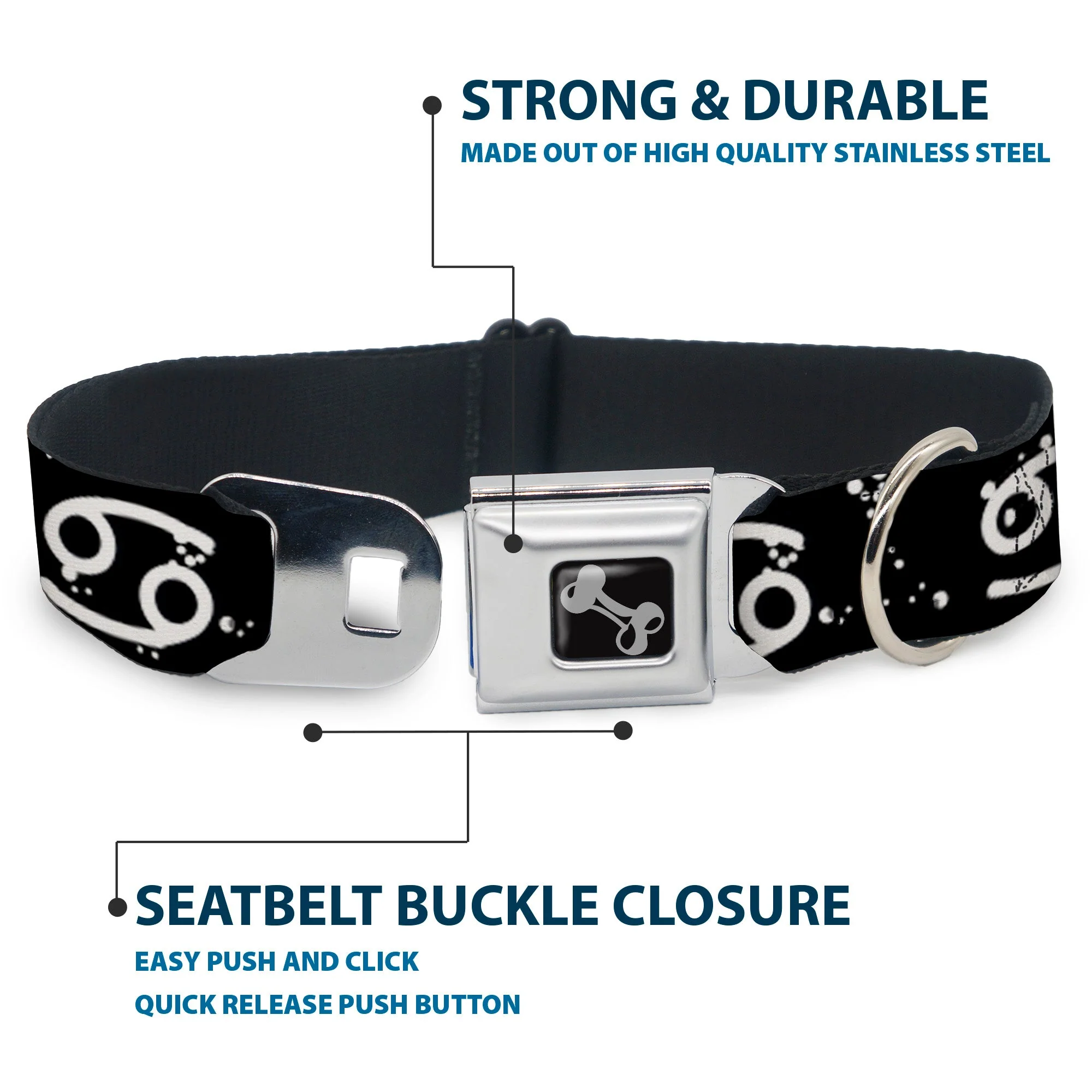 Dog Bone Seatbelt Buckle Collar - Zodiac Cancer Symbol/Constellations Black/White - Image 4