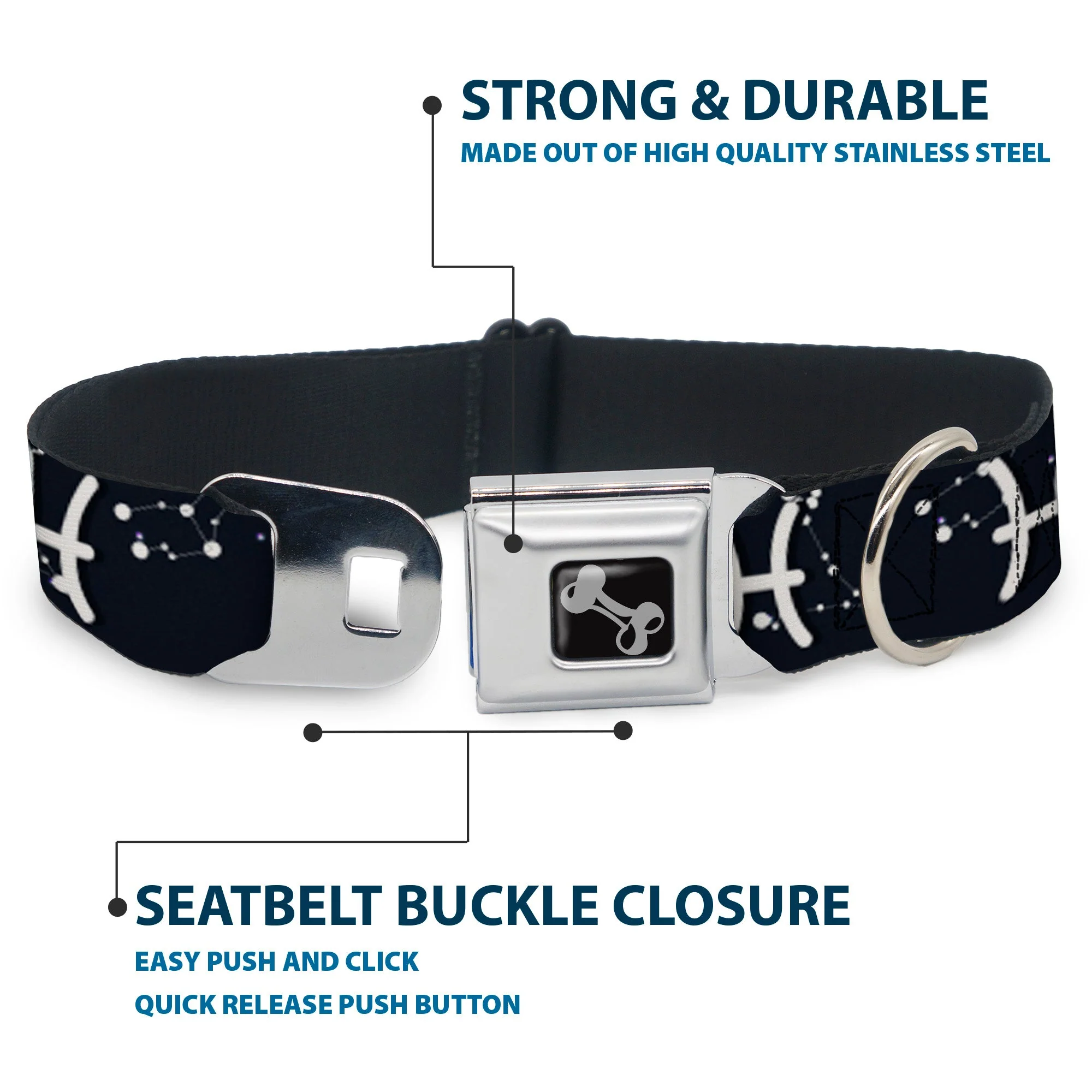 Dog Bone Seatbelt Buckle Collar - Zodiac Pisces Symbol/Constellations Black/White - Image 4