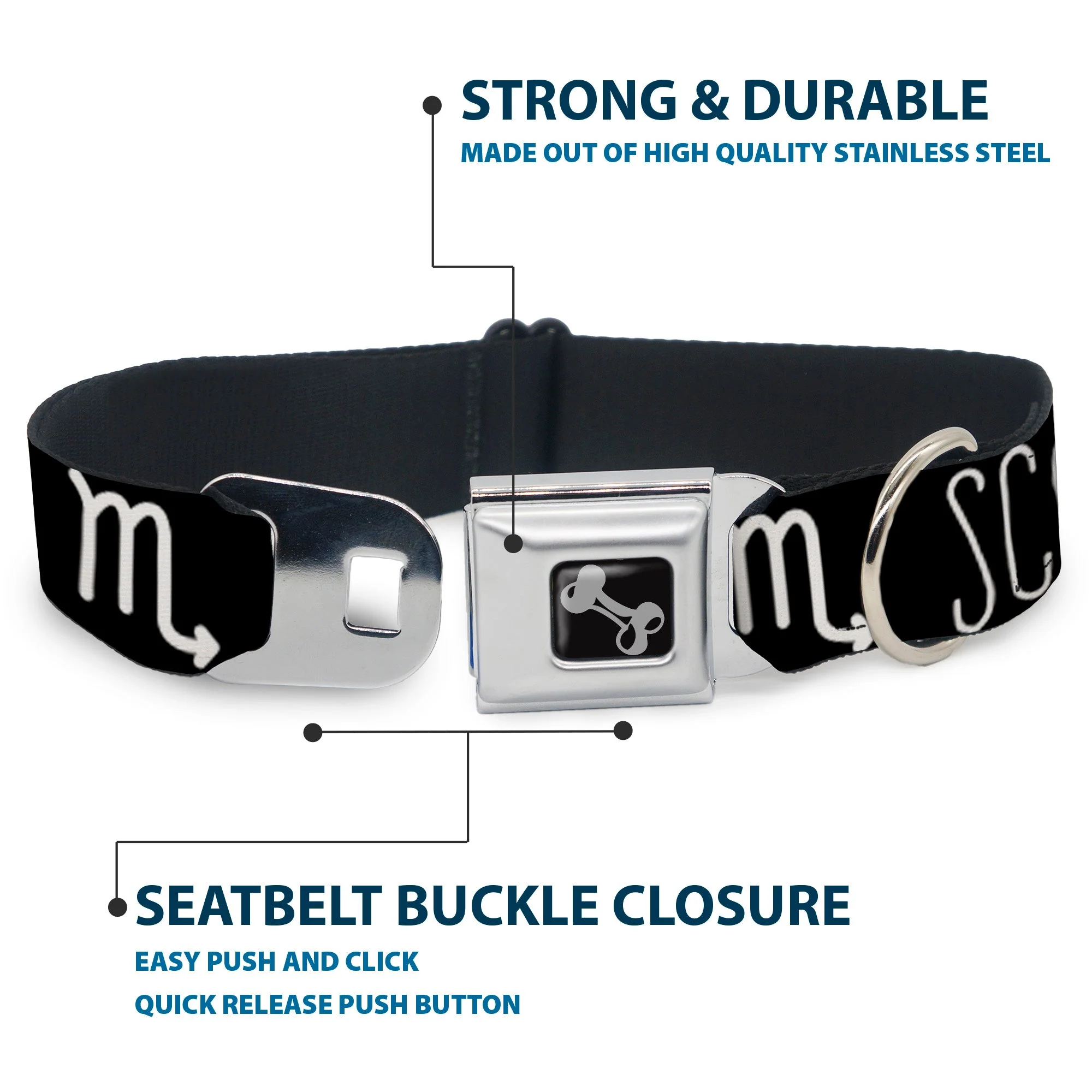 Dog Bone Seatbelt Buckle Collar - Zodiac SCORPIO/Symbol Black/White - Image 4