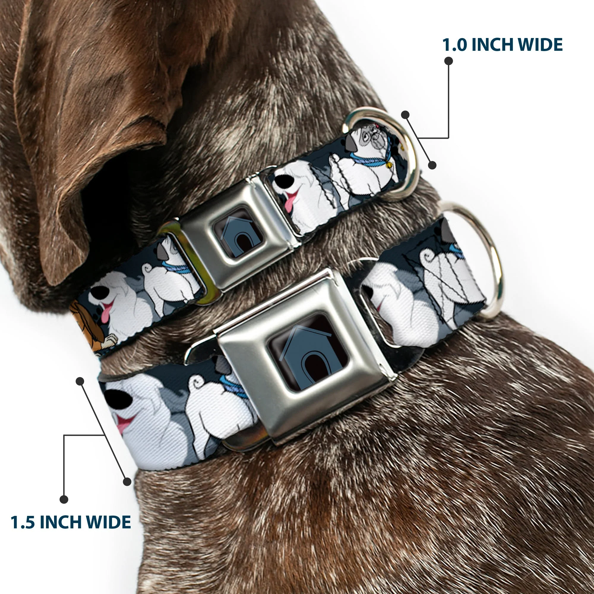 Dog House Full Color Black/Gray Seatbelt Buckle Collar - Disney Dogs 6-Dog Group Collage/Paws Gray/Black - Image 2