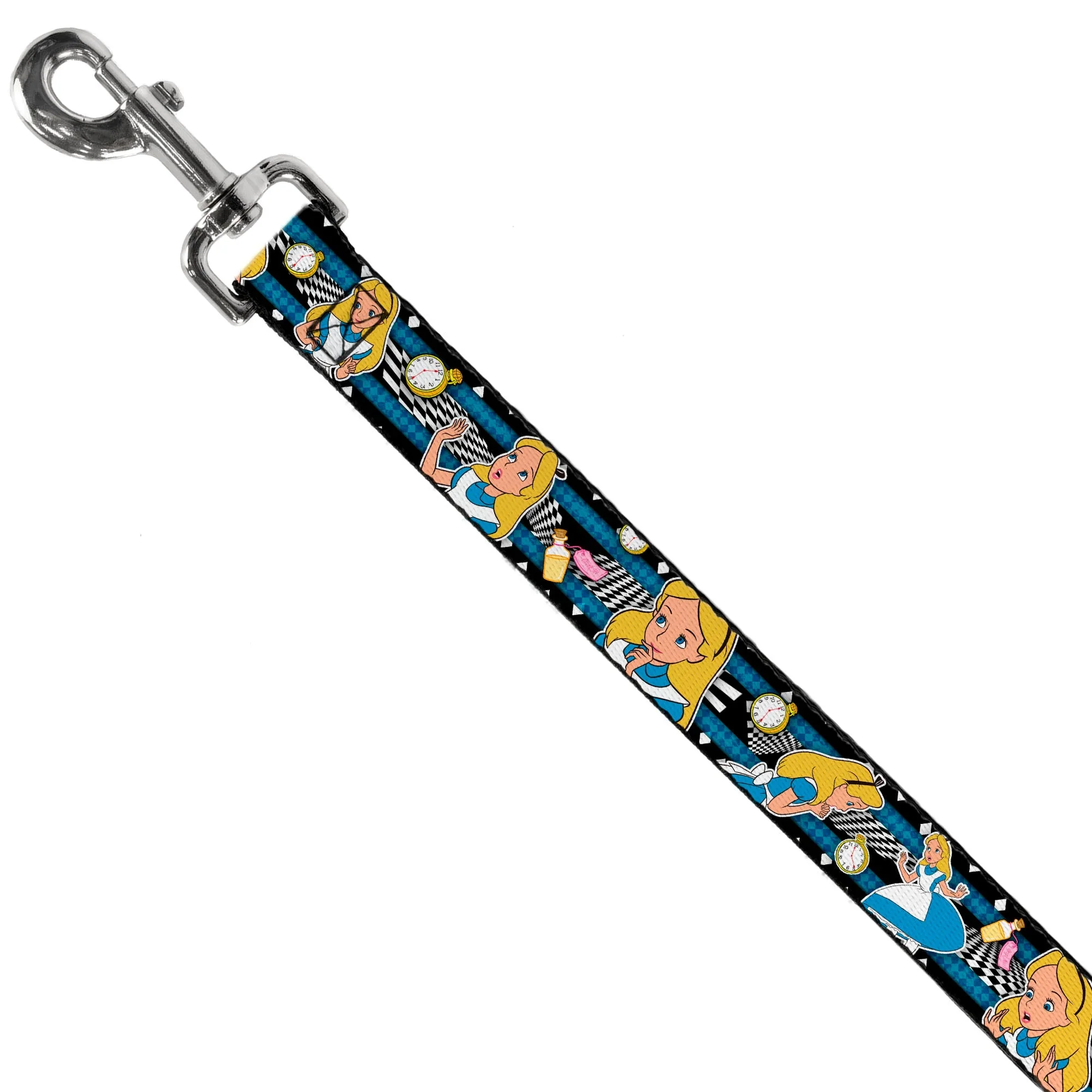 Dog Leash - Alice in Wonderland Poses/Clock/Bottle Diamond/Stripe Black/White/Blues - Image 2