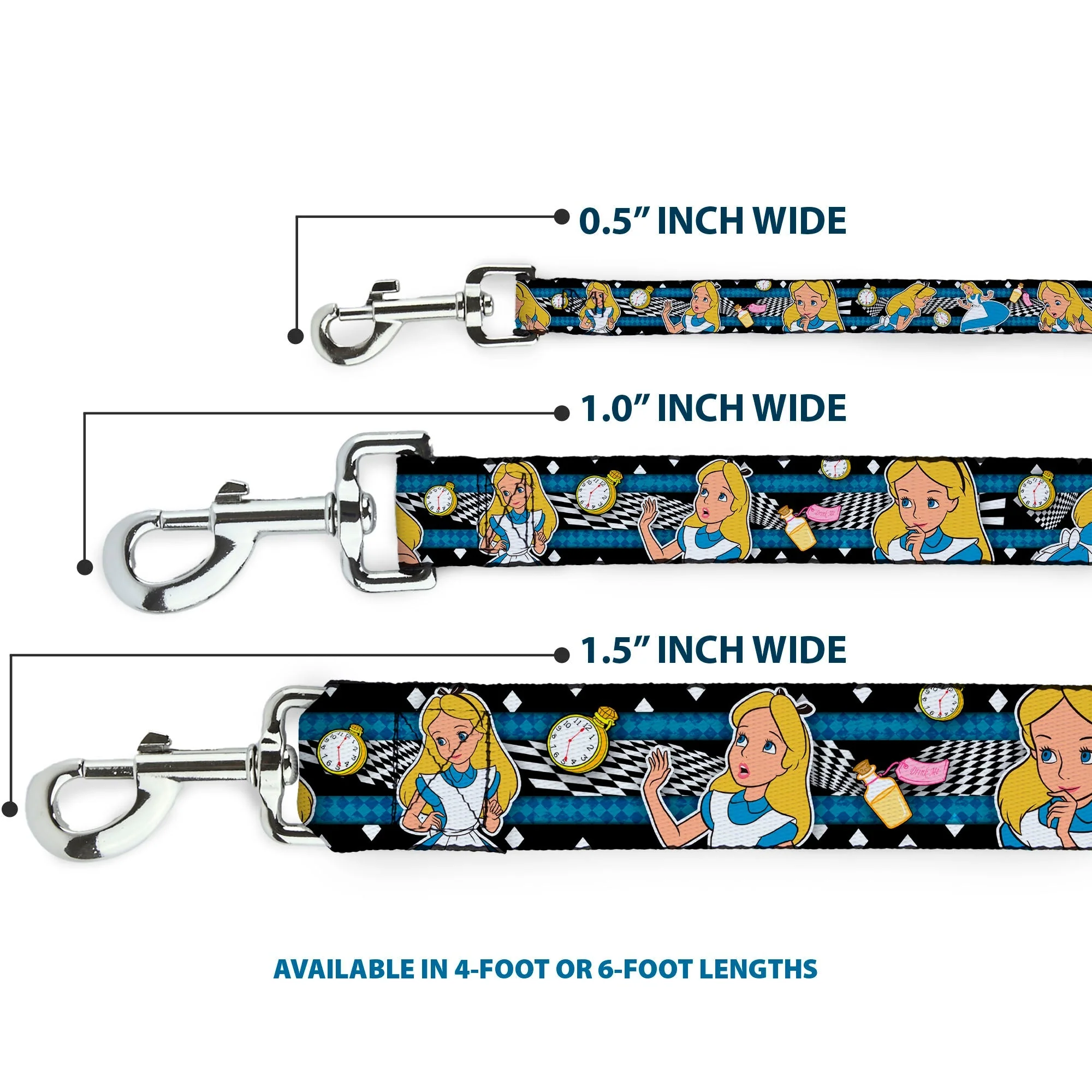 Dog Leash - Alice in Wonderland Poses/Clock/Bottle Diamond/Stripe Black/White/Blues - Image 3