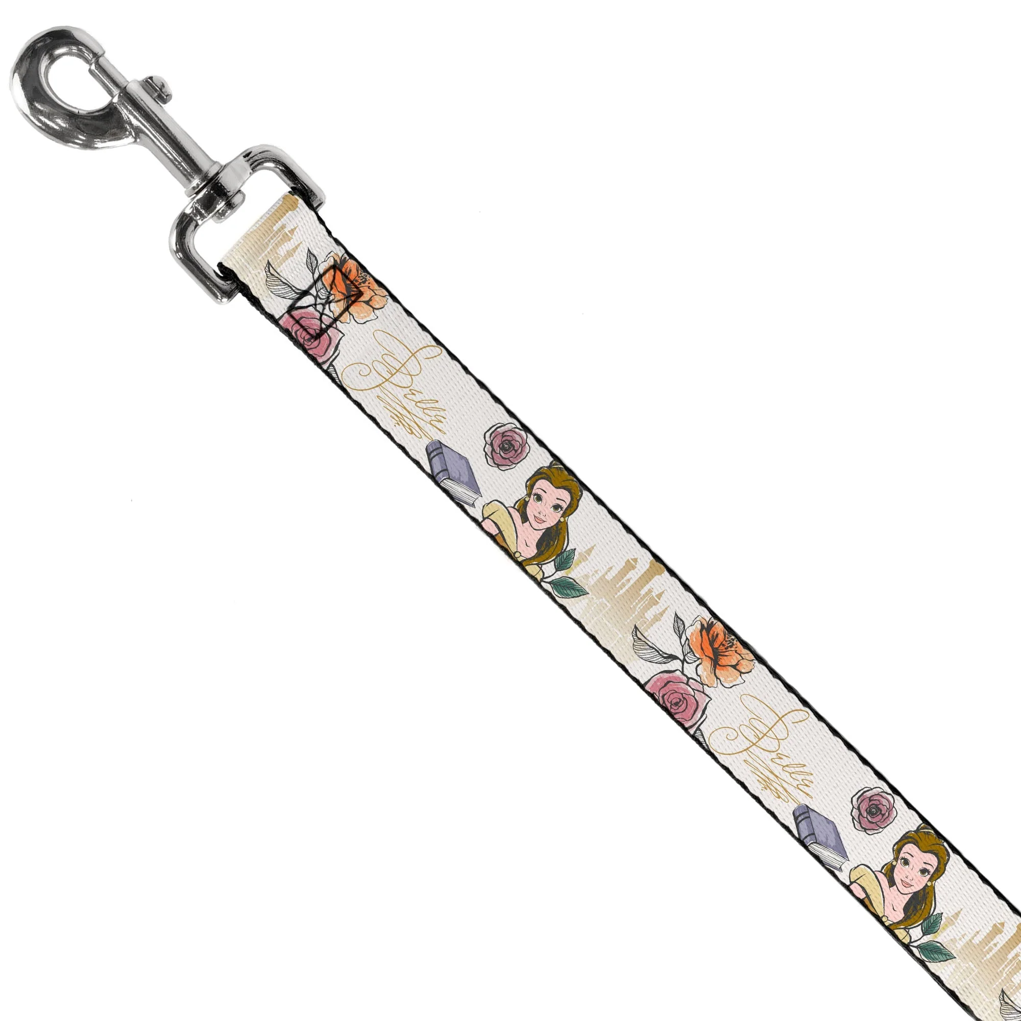 Dog Leash - Beauty and the Beast Belle Castle Pose with Script and Flowers White/Yellows - Image 2