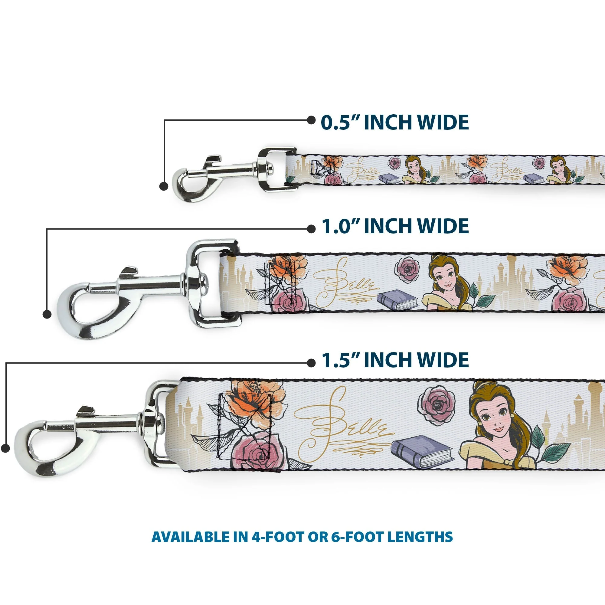 Dog Leash - Beauty and the Beast Belle Castle Pose with Script and Flowers White/Yellows - Image 3