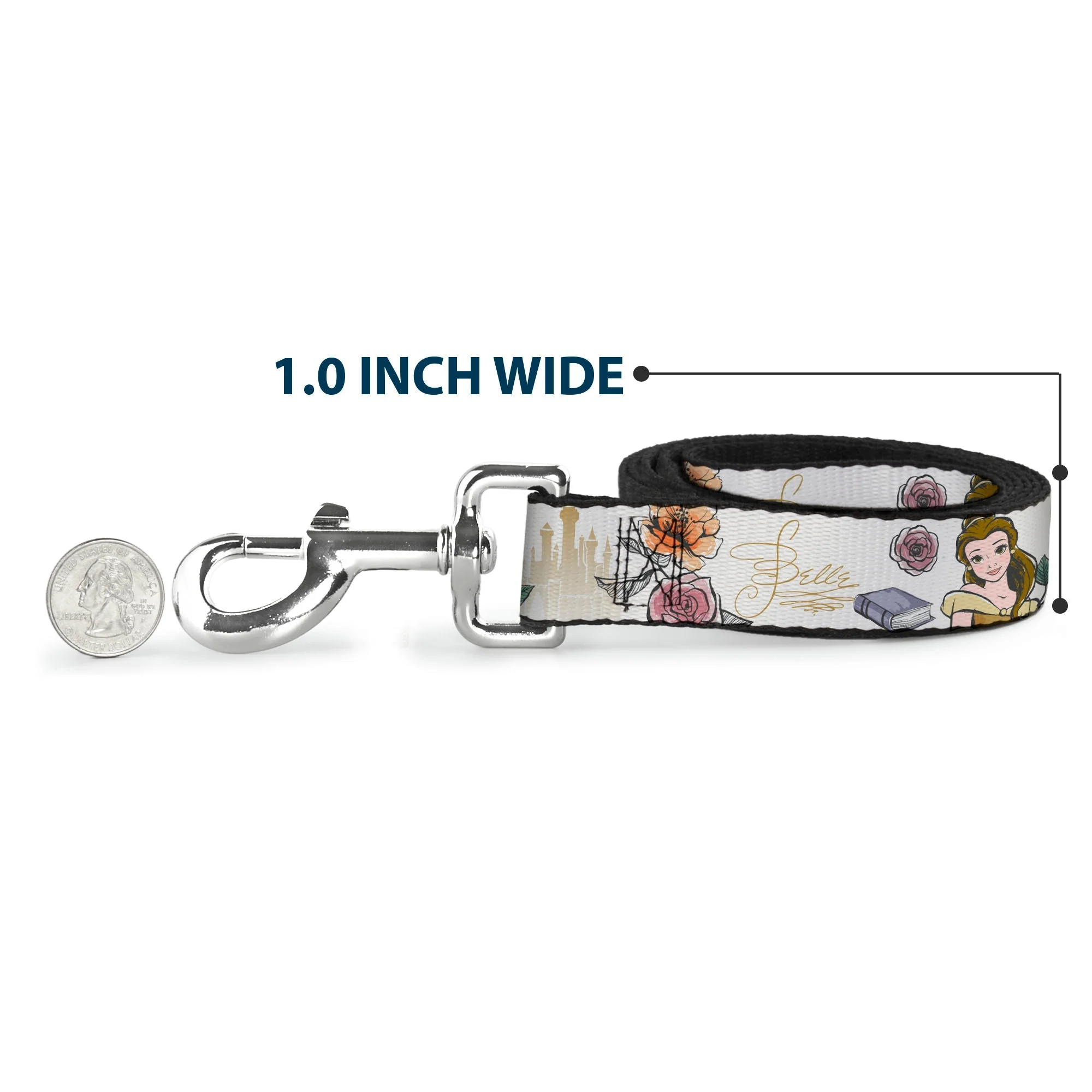 Dog Leash - Beauty and the Beast Belle Castle Pose with Script and Flowers White/Yellows - Image 5