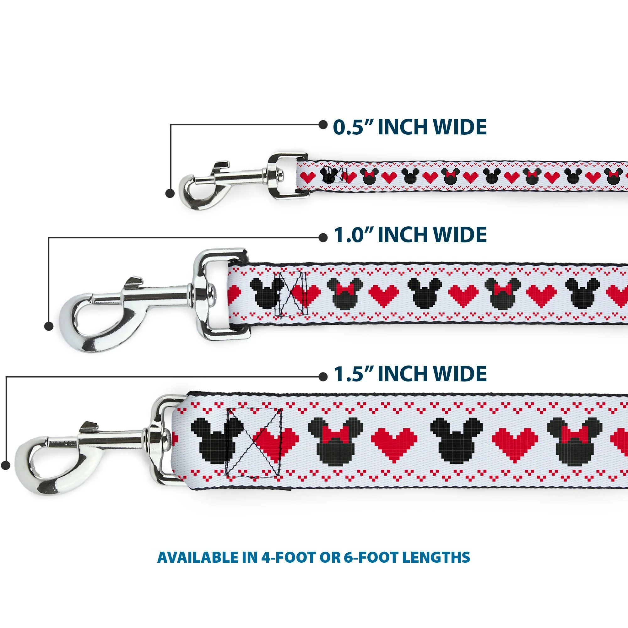 Dog Leash - Disney Holiday Mickey and Minnie Mouse Heart Sweater Stitch White/Red/Black - Image 3