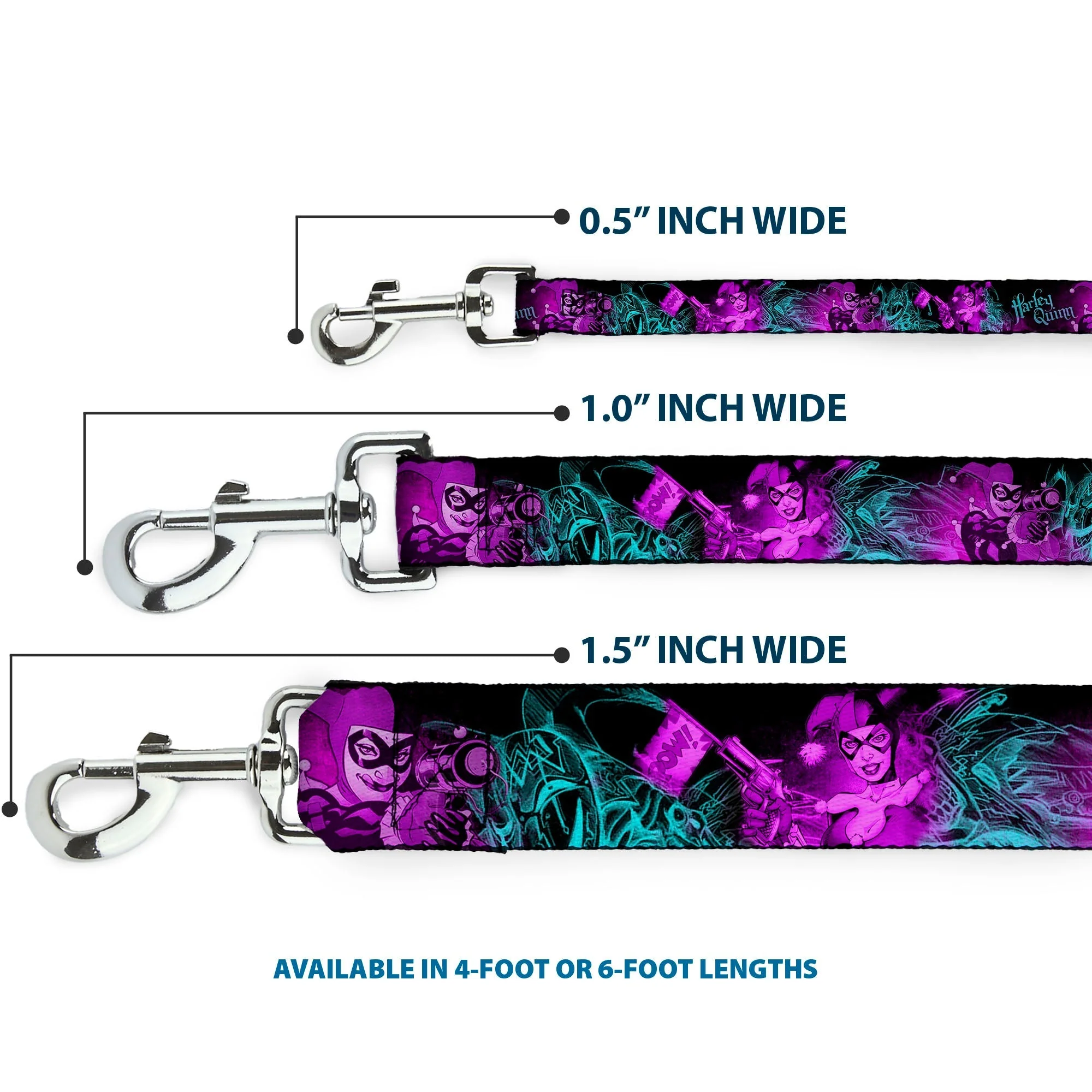 Dog Leash - HARLEY QUINN Pow & Aiming Poses/Joker Sketch Black/Turquoise/Fuchsia - Image 3