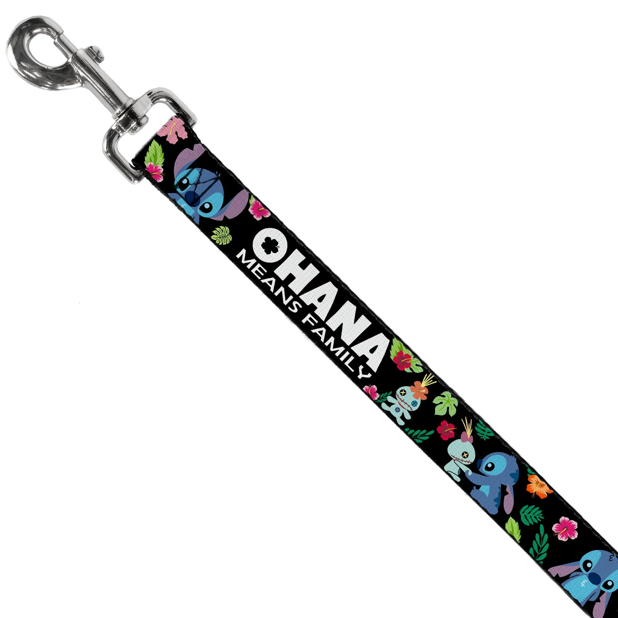 Dog Leash - OHANA MEANS FAMILY/Stitch & Scrump Poses/Tropical Flora Black/White/Multi Color - Image 2